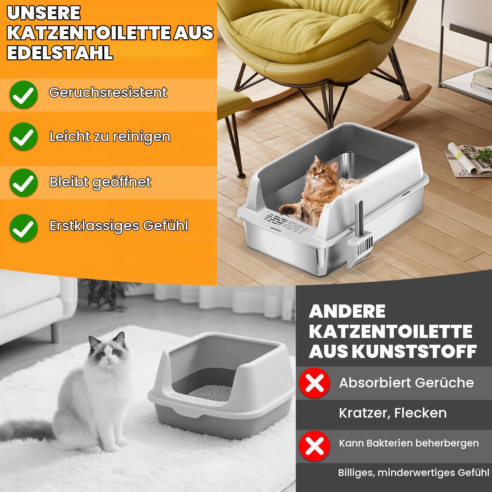 Homegroove 2er Set Edelstahl Katzenklo, 58 x 38 x 28 cm XL Metall Toilette für große Katzen mit Deckel & hohem Rand, inkl. Schaufel, leicht zu reinigen (Hellgrau)