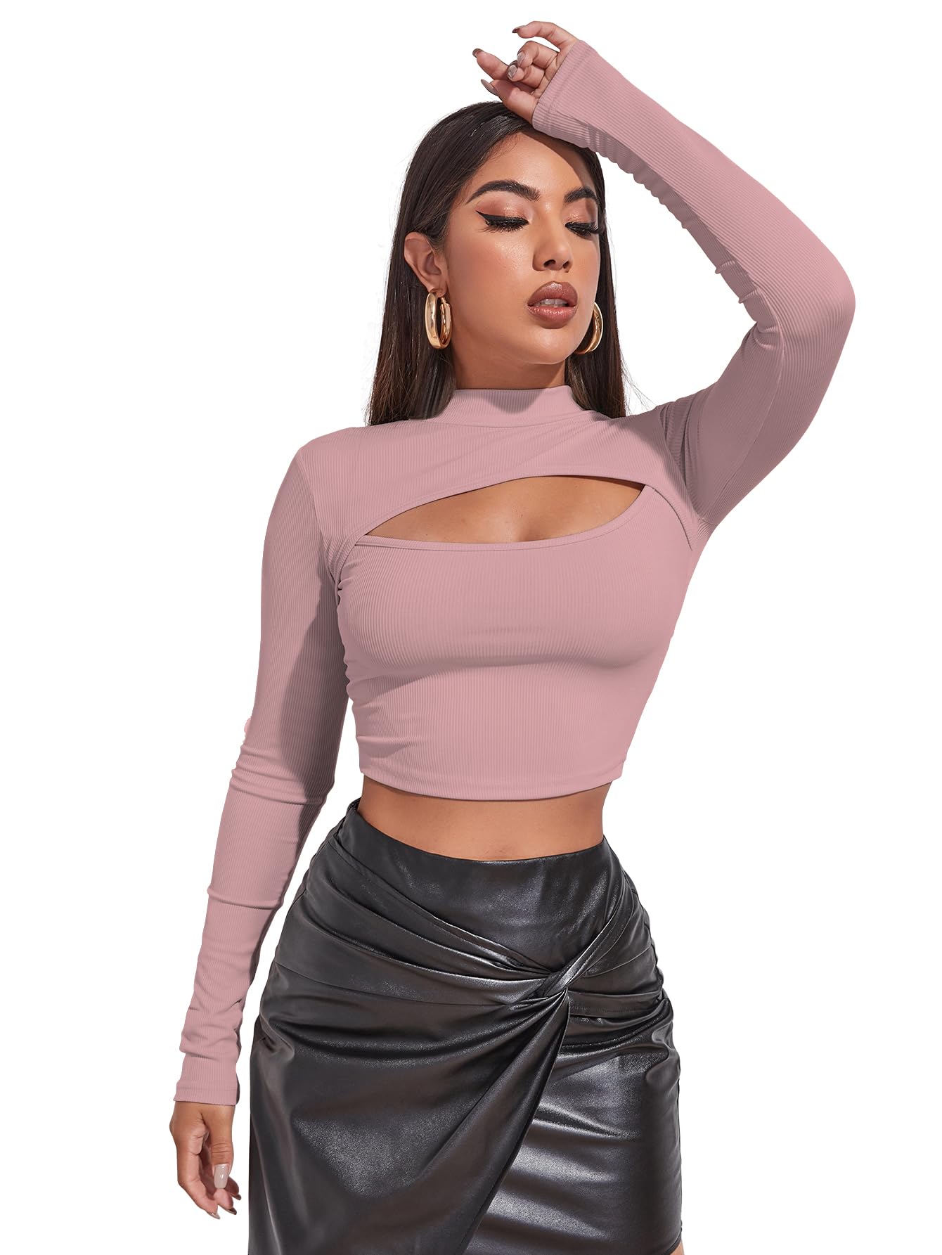 SugathariWomen's & Girl's Solid Knitted Full Sleeve High Neck Ruched Bust Crop Tee Tops (Top 109)