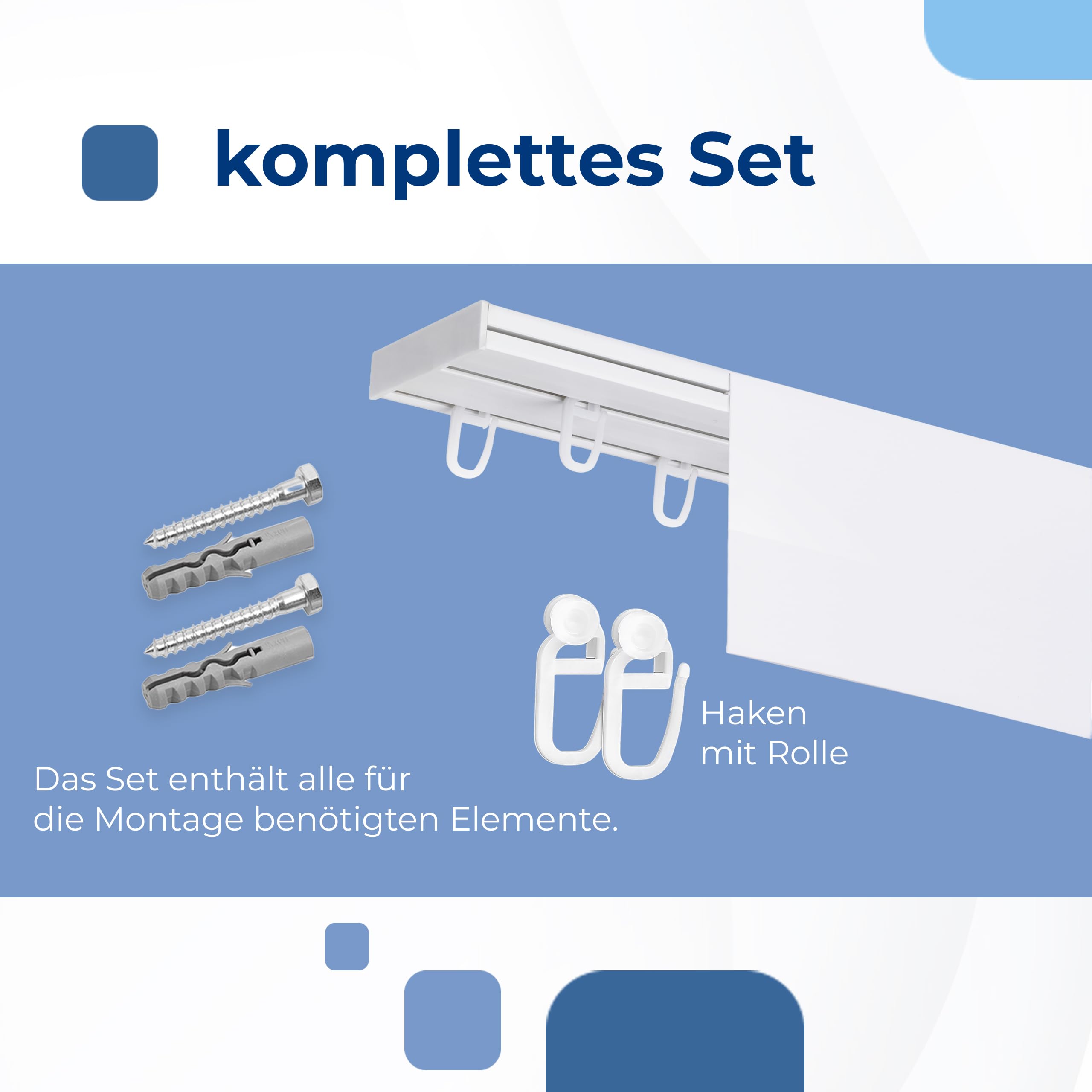 Gardinenschiene mit Blende 9 cm 2-läufig – PVC Vorhangschiene zur Deckenmontage, Deckenschiene für Vorhänge, Weiß, mit Haken mit Rolle, 500 cm