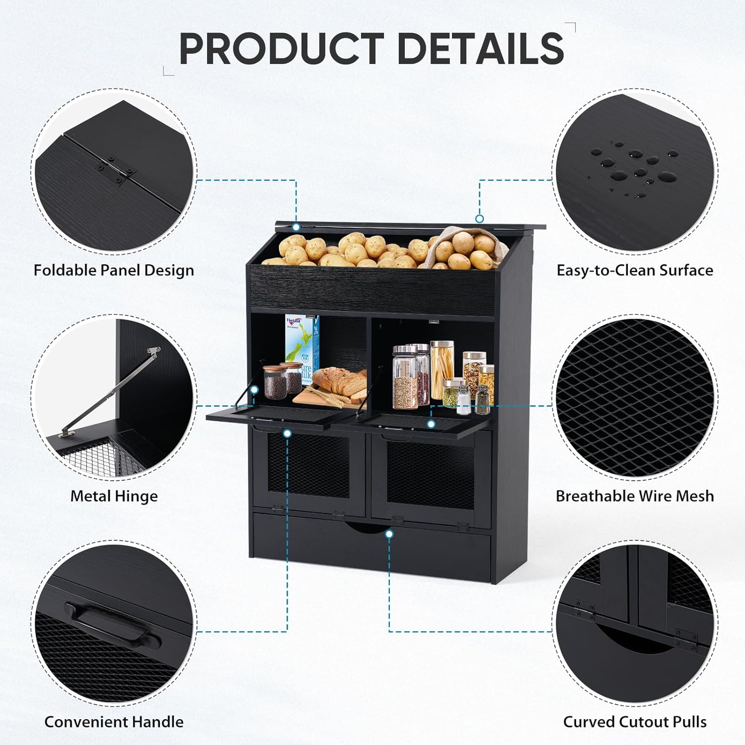 Verano Garden Large Potato Storage Bin, Wooden Bread Box with Lid, Potato and Onion Storage Bin with 4 Mesh Doors & Removable Drawer, Fruit and Vegetable Storage Rack for Pantry Kitchen (Black, 31.5")