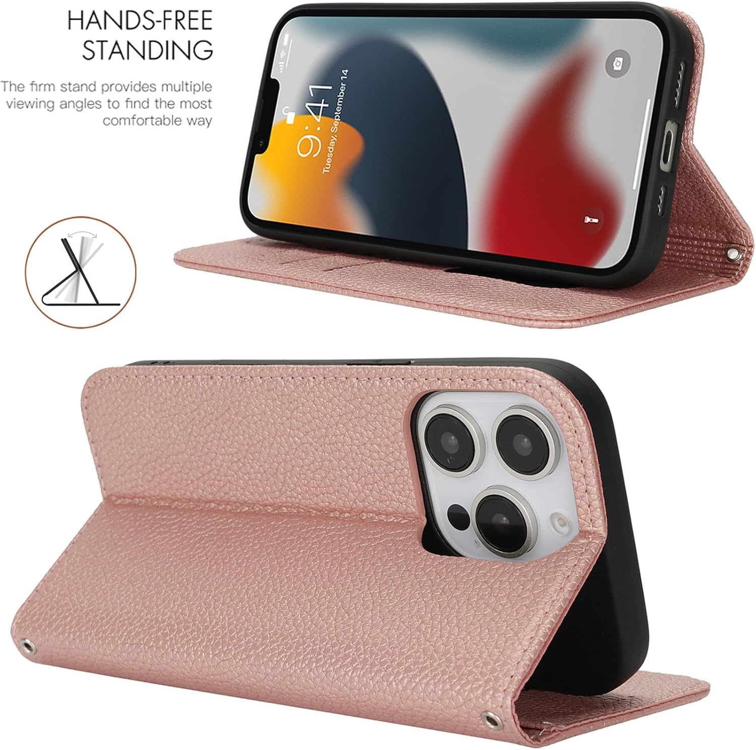 Jaorty for iPhone 13 Pro Max 5G Phone Case Wallet with Wrist Strap,Wallet Case for iPhone 12 Pro Max with Card Holder for Women,Cash Pocket PU Leather Magnetic with Kickstand,6.7" Lichi Rose Gold - Image 7