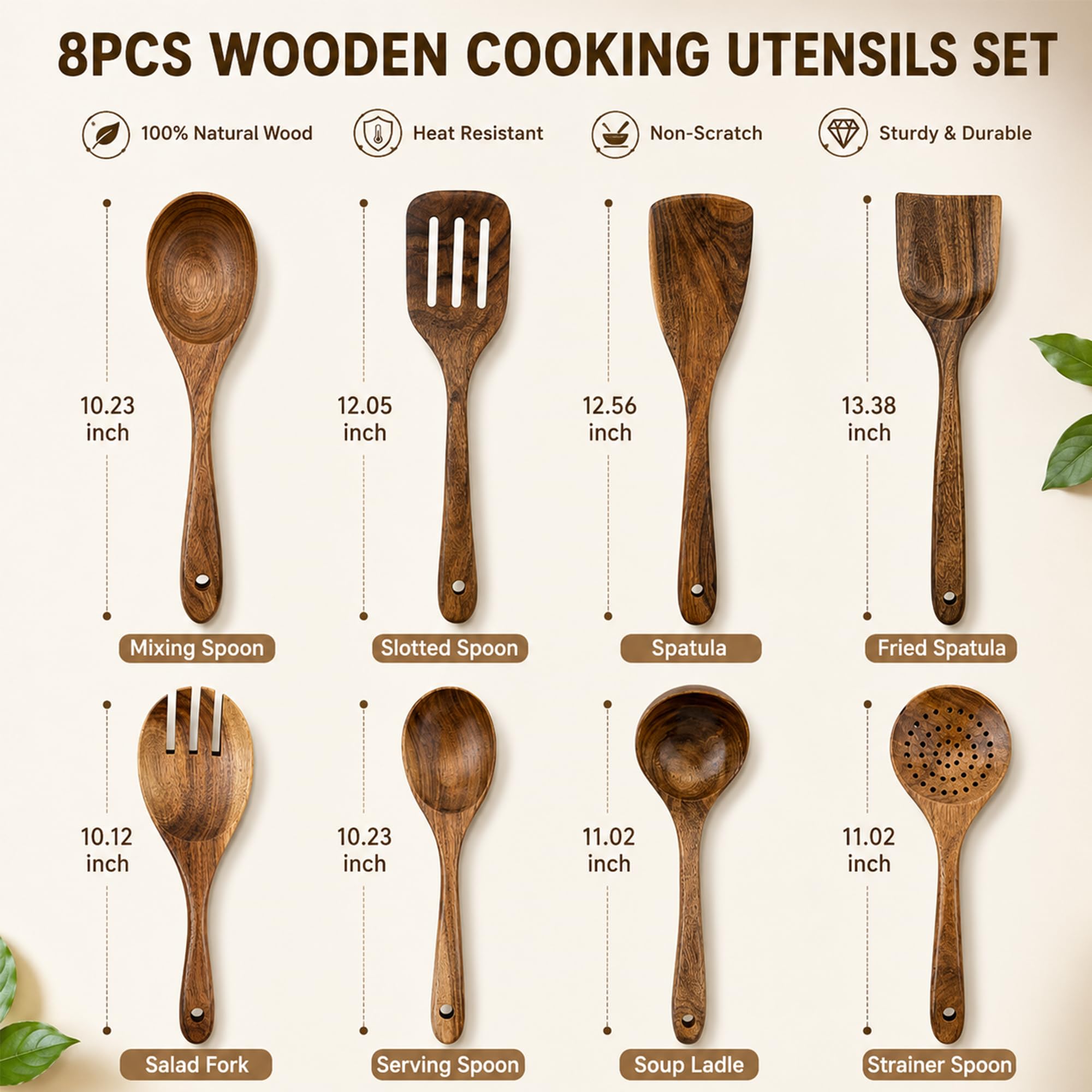 Kitchen Utensils Set 8 Piece Teak Wooden Cooking Utensil Set Non-Stick Pan Wood Spoons and Spatula Cookware for Home Everyday Use &Kitchen Tools (8pcs)