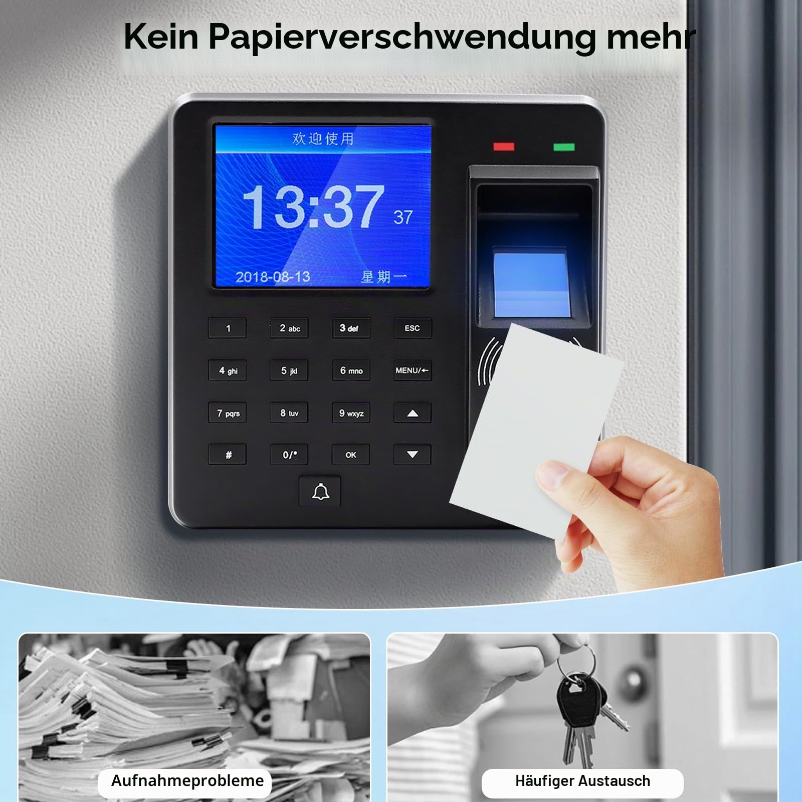 Zeiterfassung für Kleinbetriebe, Fingerabdruck Stempeluhr mit 10 RFID Karten, 1000 Fingerabdrücke Arbeitszeiterfassung für Kleinbetriebe, 25 Sprachen Arbeitszeiterfassung Stempeluhr
