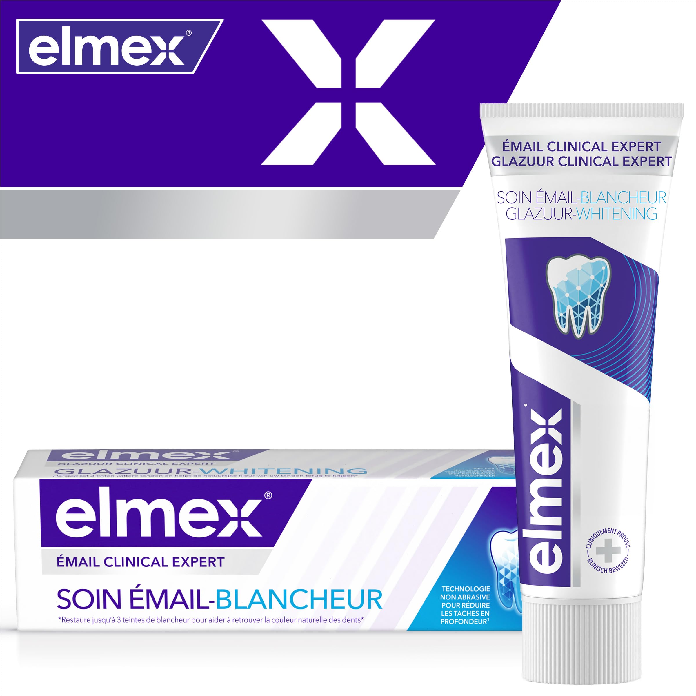 ELMEX - Dentifrice elmex® Émail Clinical Expert Soin Émail Blancheur - Dents jusqu'à 3 teintes plus blanches* - Protège l'émail - Lot de 12 x 75 ml