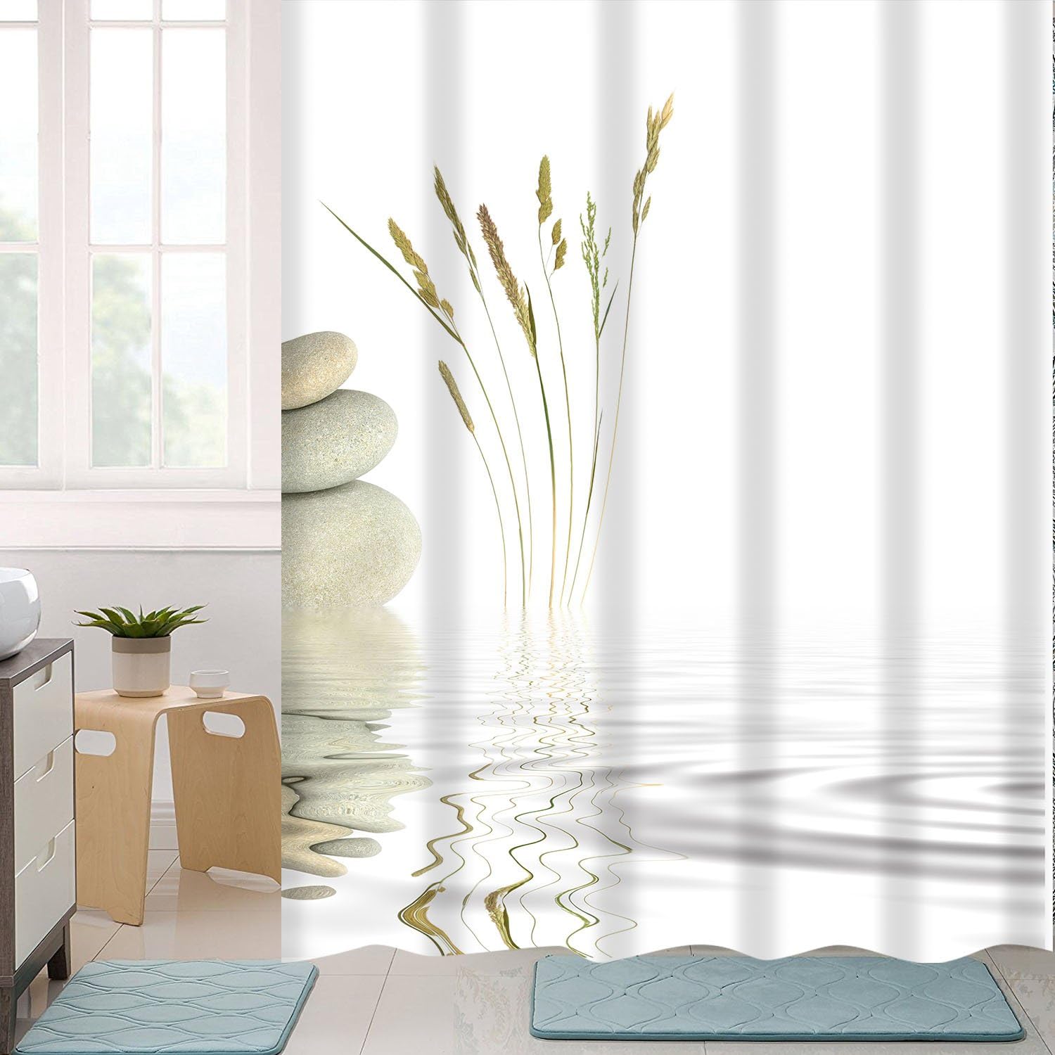 BLEUM CADE Shower Curtain Zen Stone Wild Grass Reflection in Water Shower Curtains 12 Hooks, Meditation Design Waterproof Fabric Bathroom Shower Curtain