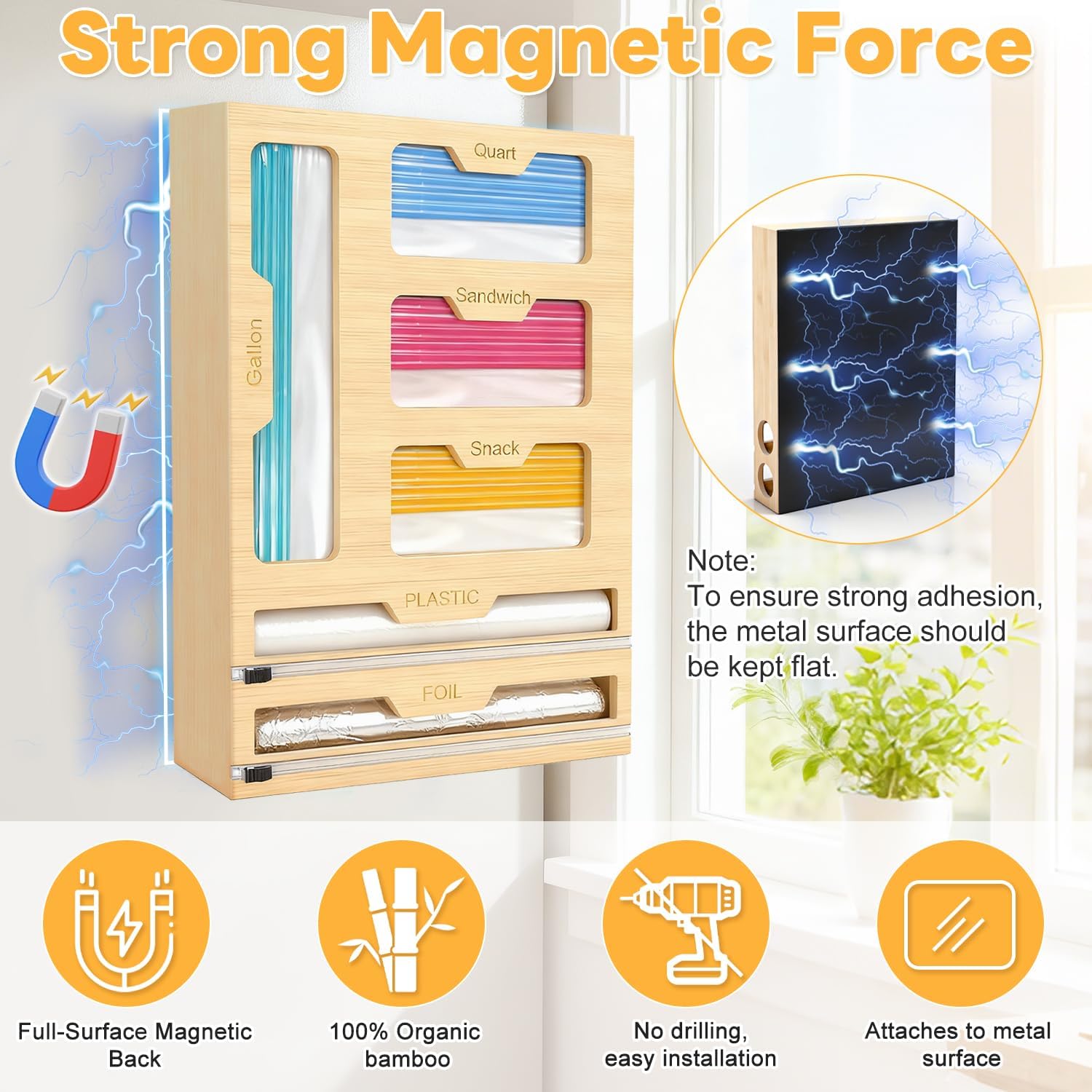 Magnetic Storage Bag Organizer 6 In 1 Ziplock Bag Organizer for Fridge and Drawer, Foil and Plastic Wrap Organizers with Cutter, Food Storage Bags Organizers for Gallon Quart Sandwich Snack - Image 2