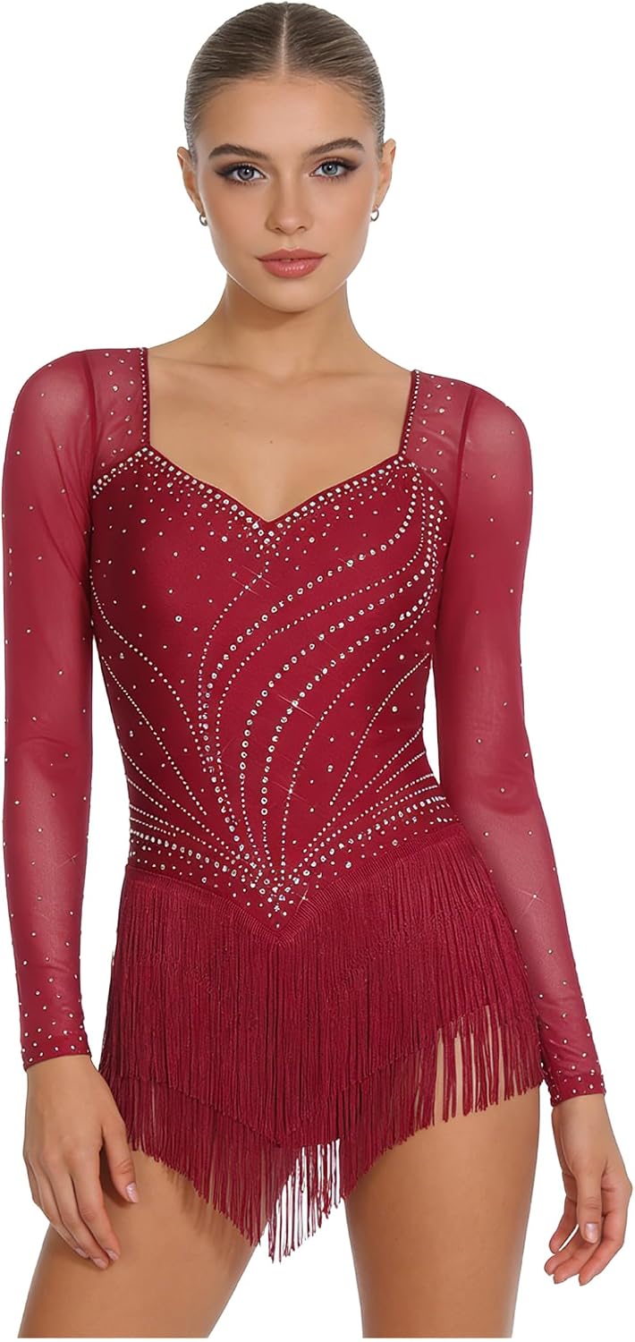 Shinsto Women's Long Sleeve Latin Dance Costume Tango Jazz Dance Dress | Rhythmic Gymnastics Leotards,Latin Dance Costumes,Nightclub Prom Party Stage Performance Leotard Gymnastics