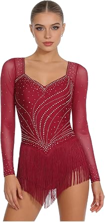Shinsto Womens Long Sleeve Latin Dance Costume Tango Jazz Dance Dress | Rhythmic Gymnastics Leotards,Latin Dance Costumes,Nightclub Prom Party Stage Performance Leotard Gymnastics