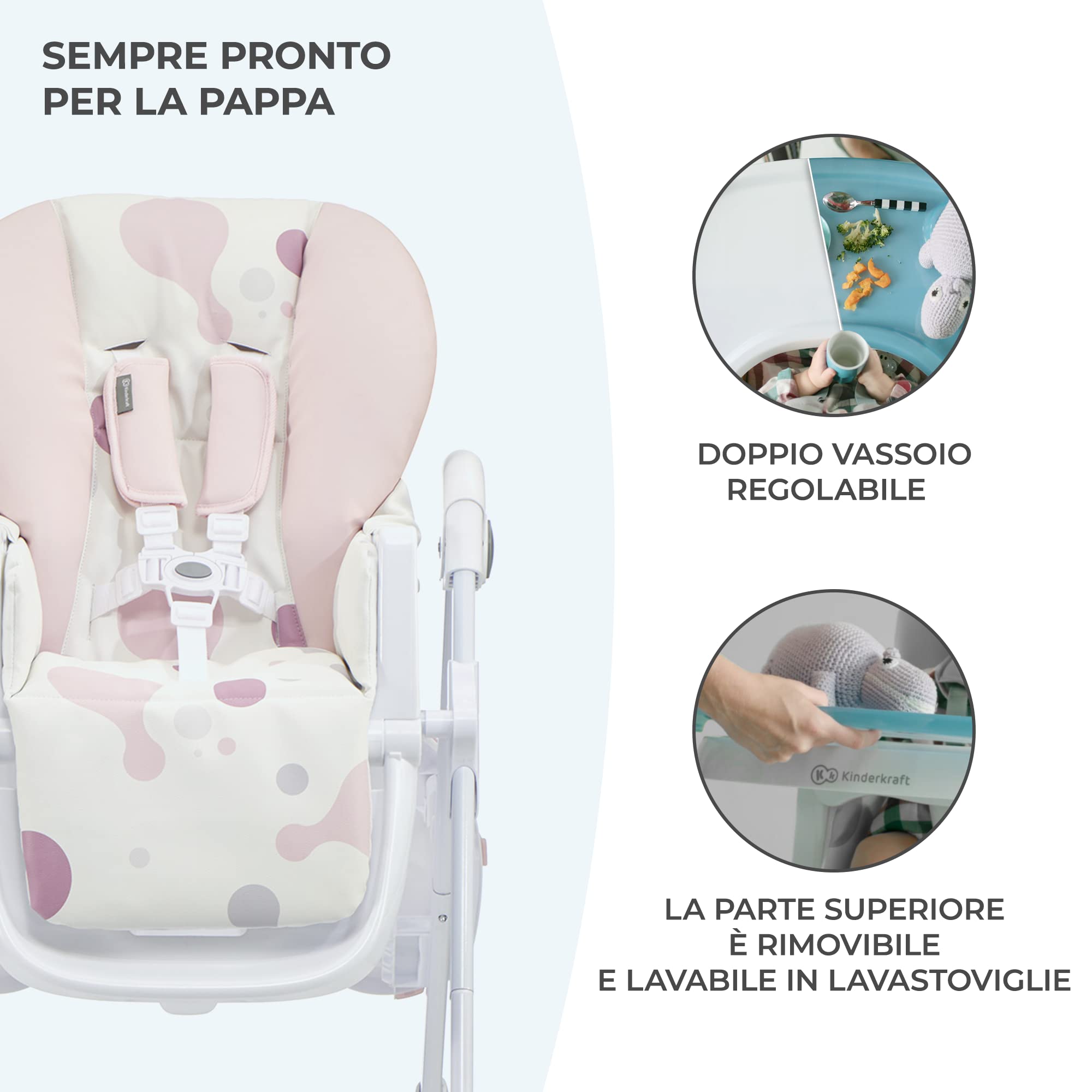 Kinderkraft YUMMY Seggiolone Pappa, Rialzo da Sedia, Regolabile, Pieghevole, Alzase Bambini da 6 Mesi fino a 3 Anni, Rosa
