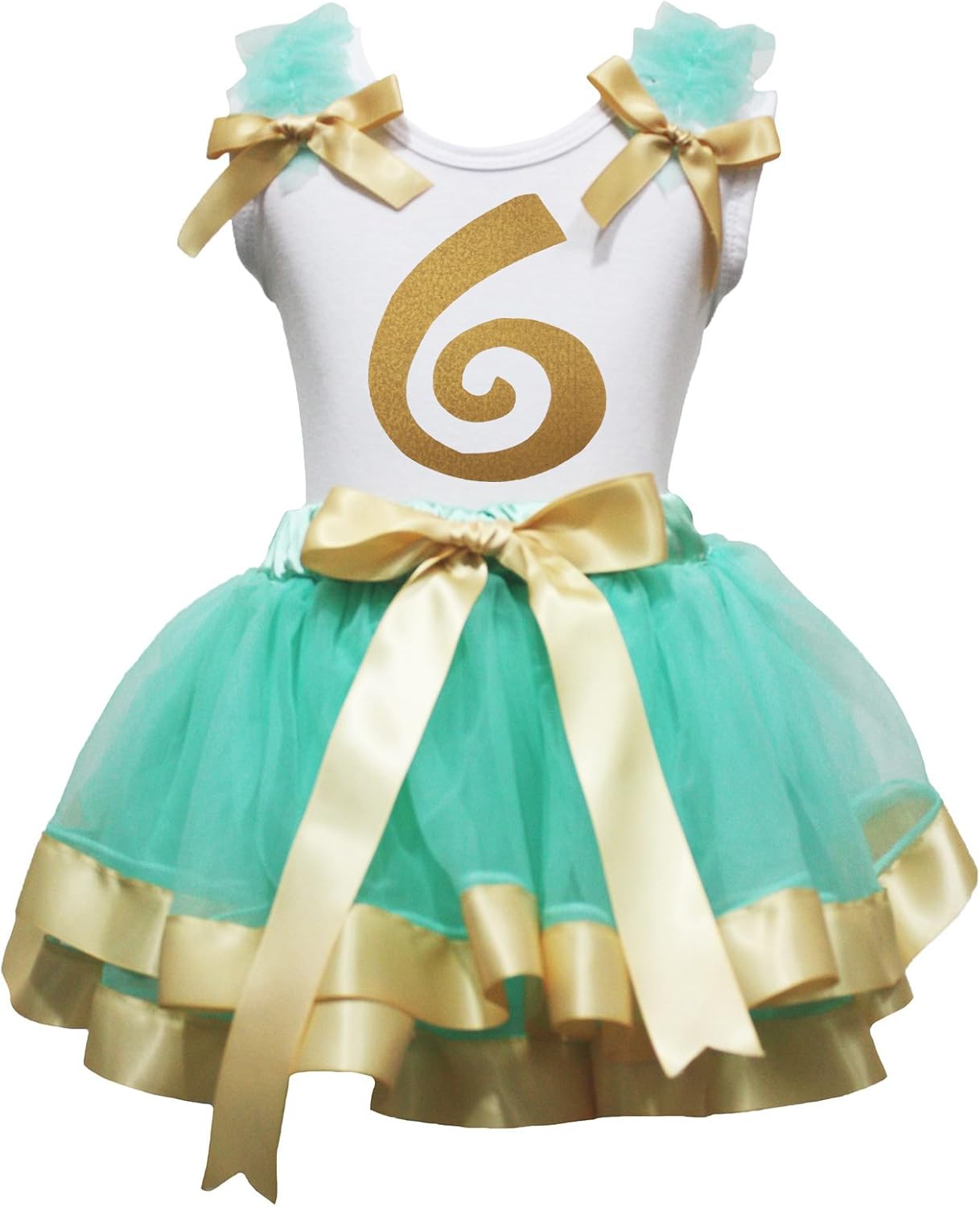 Petitebella Bling Gold 1 to 6 White Shirt Aqua Blue Gold Petal Skirt Outfit