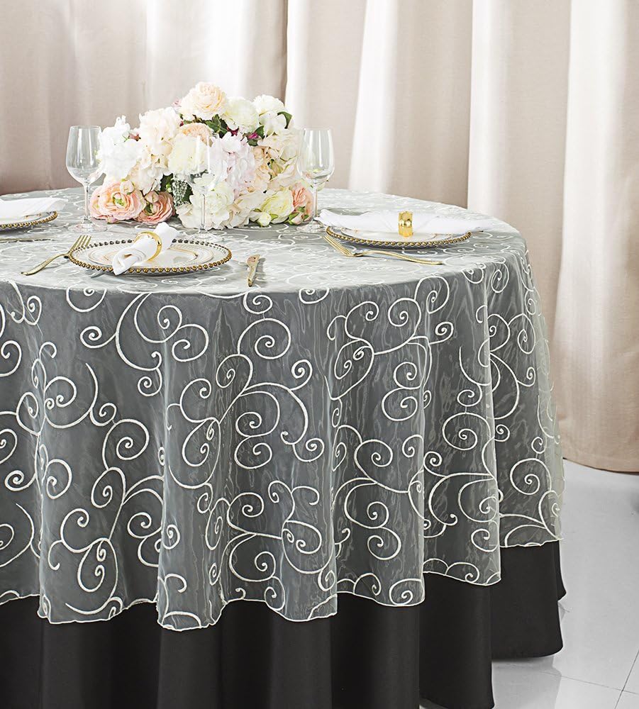 108" Round Embroidered Organza Sheer Table Overlays Toppers Organza Tablecloths Table Covers Linens for Wedding Party Banquet Events - Ivory