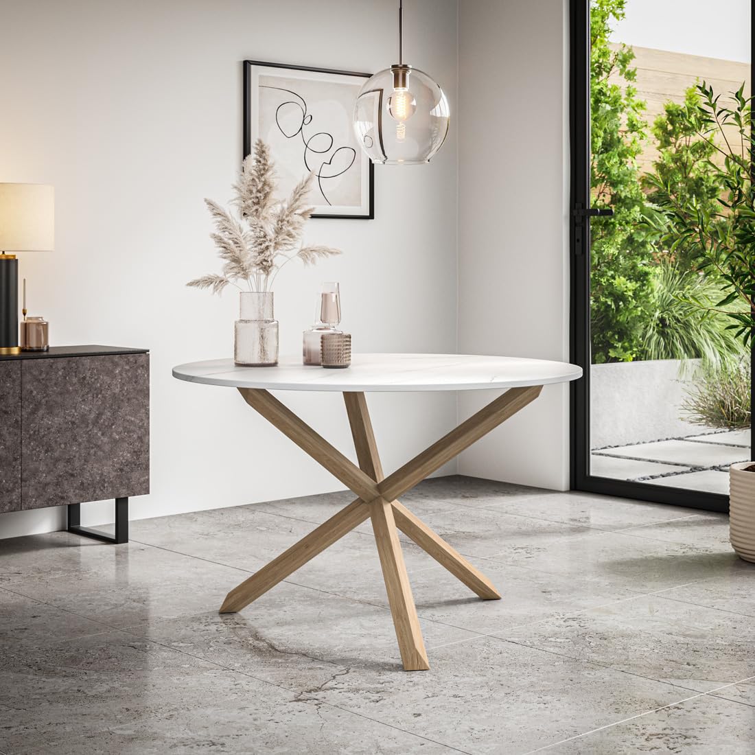 More4Homes MALVERN 4-6 SEATER ROUND DINING TABLE w SOLID OAK LEGS (Marble Effect)