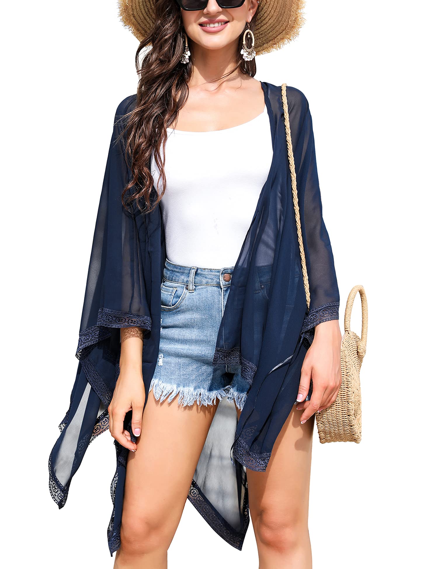 Irevial Kimono Mujer Cardigan Mujer Verano Manga 3/4 Playa Cardigan Boho Style Suelto Chal de Gasa Ropa de Baño Cover Up