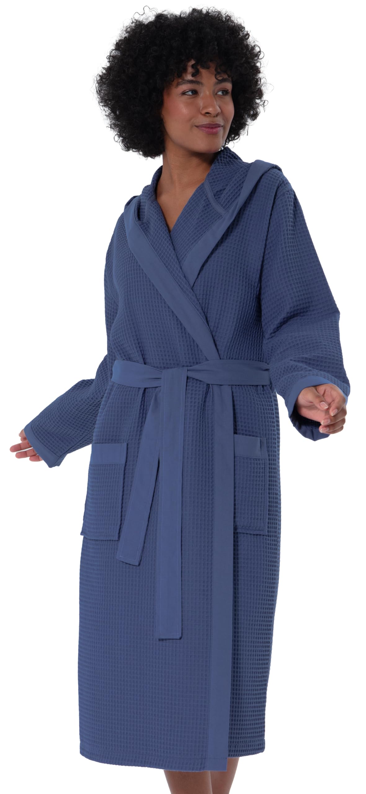 SEYANTE Womens Organic Cotton Waffle Kimono Hooded Robe GOTS Certified Lightweight Full-Length Spa Bathrobe with Piping