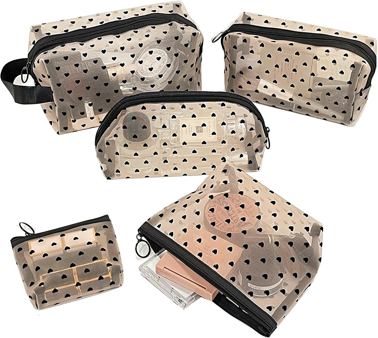 5 PCS Cute Lace Mesh Makeup Bags Sets, MultiSize Mesh Zipper Cosmetic