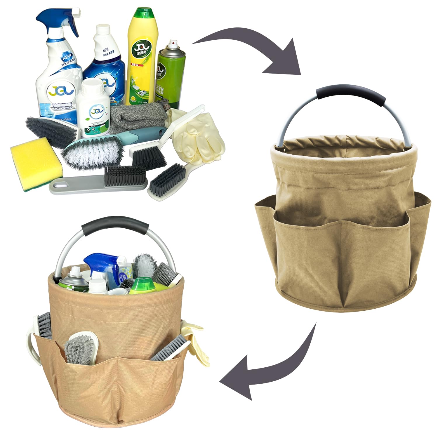 Cesto Porta Prodotti Pulizia, Organizer Detersivi Con Multipli Scomparti - Accessori Pulizia Casa, Pieghevole (Kaki)