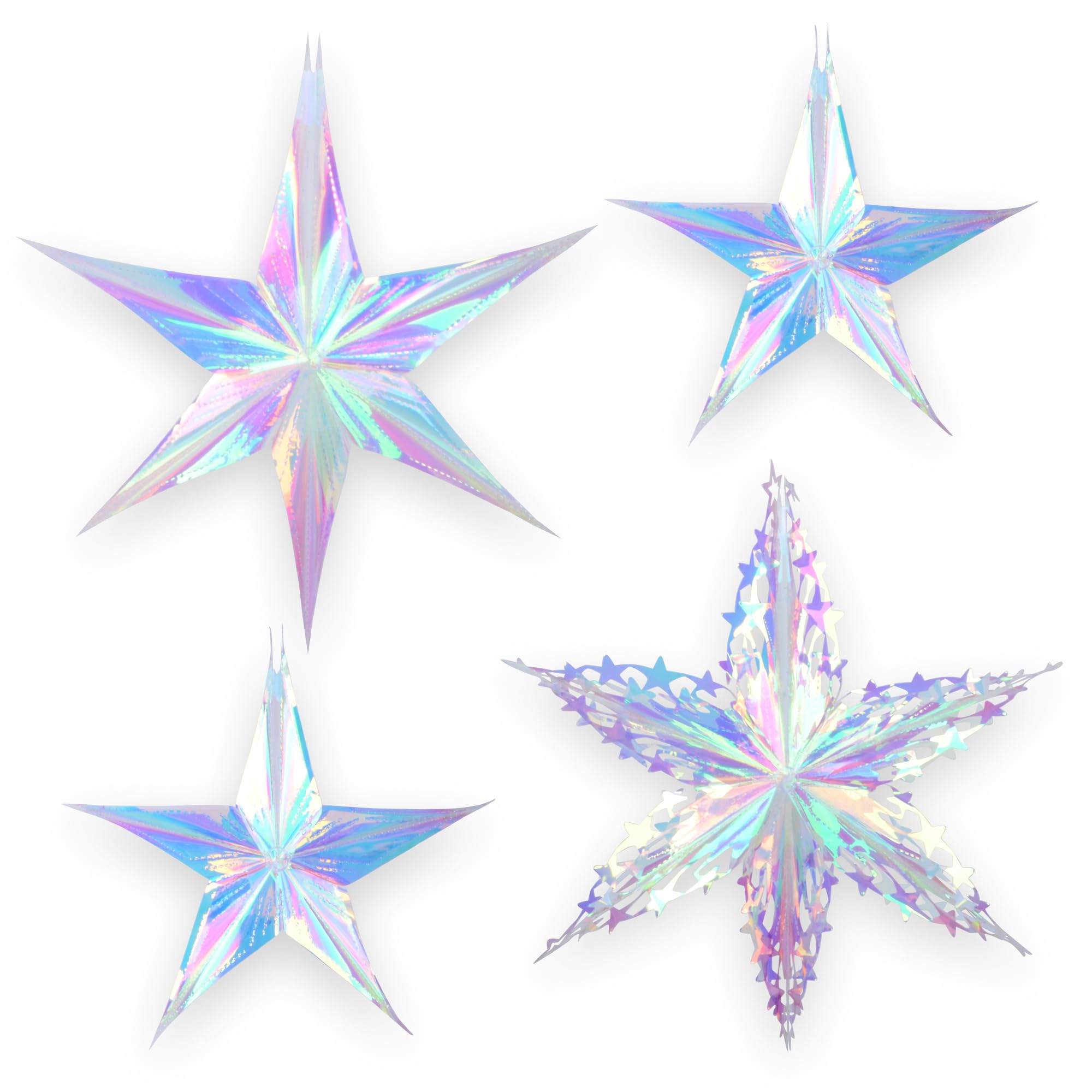 BRAVESHINE 4PCS 3D Iridescent Star Decorations Hanging Ornaments Decorations - Iridescent Foil Stars Snowflakes Party Decorations for Birthday Frozen Winter Mermaid Ocean Sea Christmas New Years Party