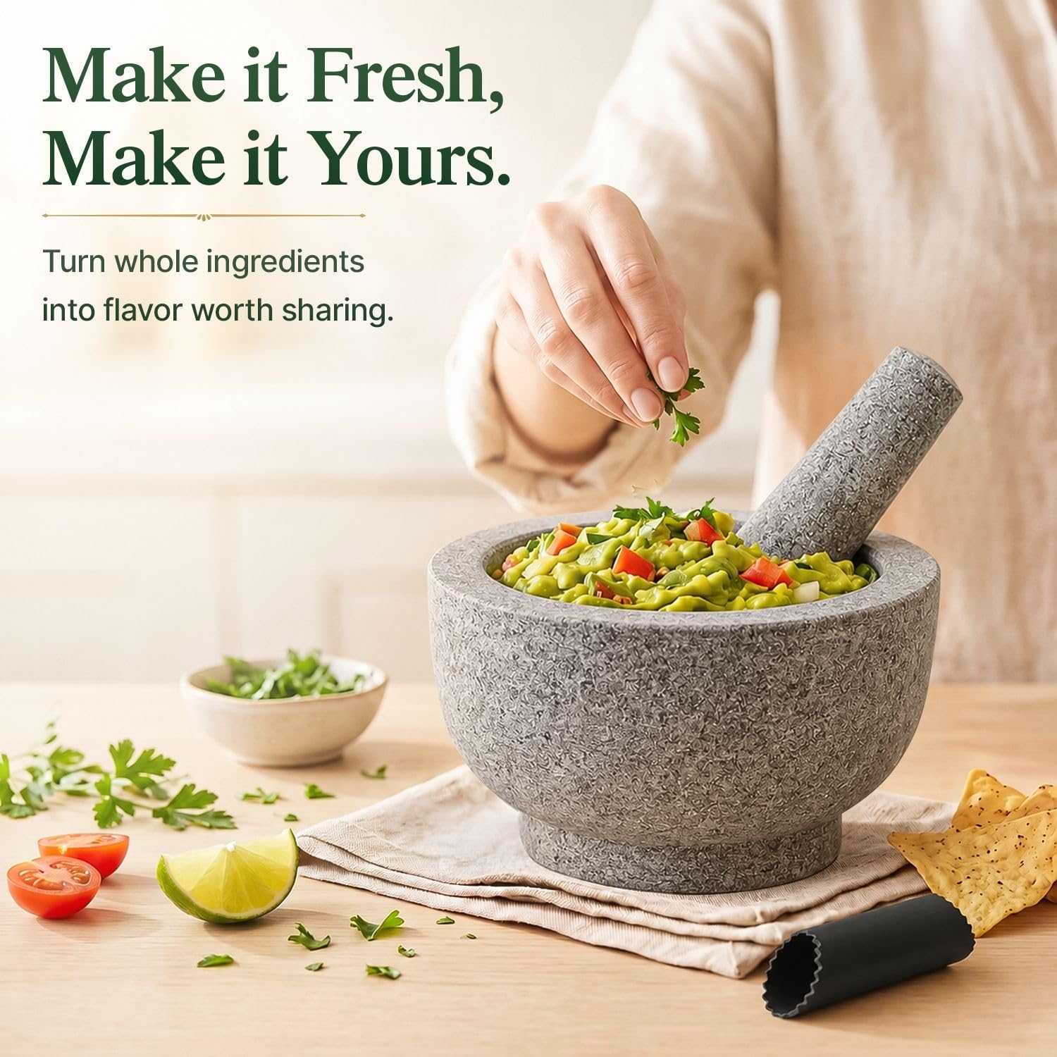 Flexzion Ensemble de mortier et pilon en granit 4 tasses avec éplucheur d'ail et tapis antidérapant pour guacamole, herbes, épices, salsa, gris