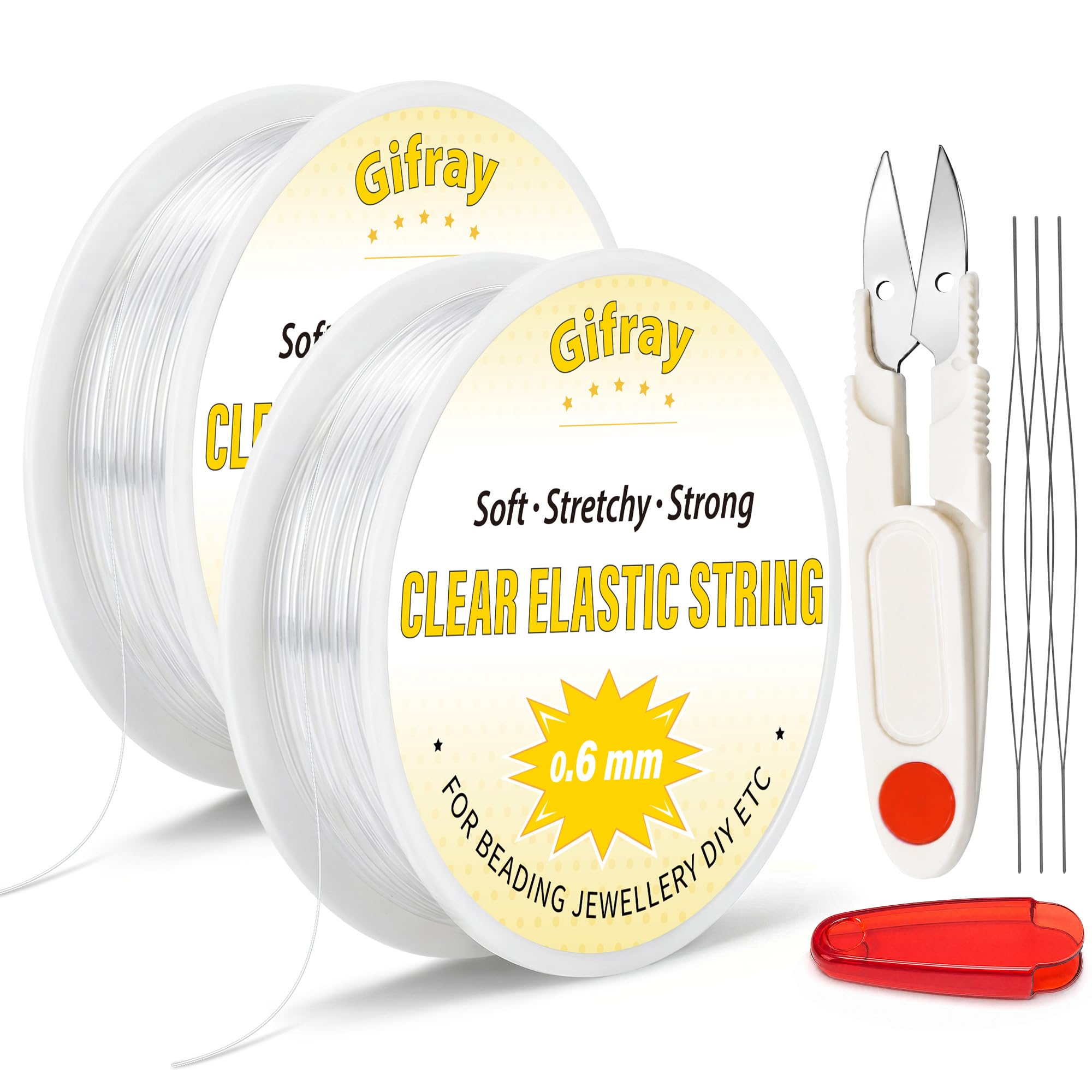 Gifray 2-Spools Clear Elastic String for Bracelet Making, 0.6mm Strong & Stretchy TPU Beading Cord, Easy to Knot, Invisible Thread for Jewellery, Necklaces, DIY Crafts, with Beading Needles & Scissors