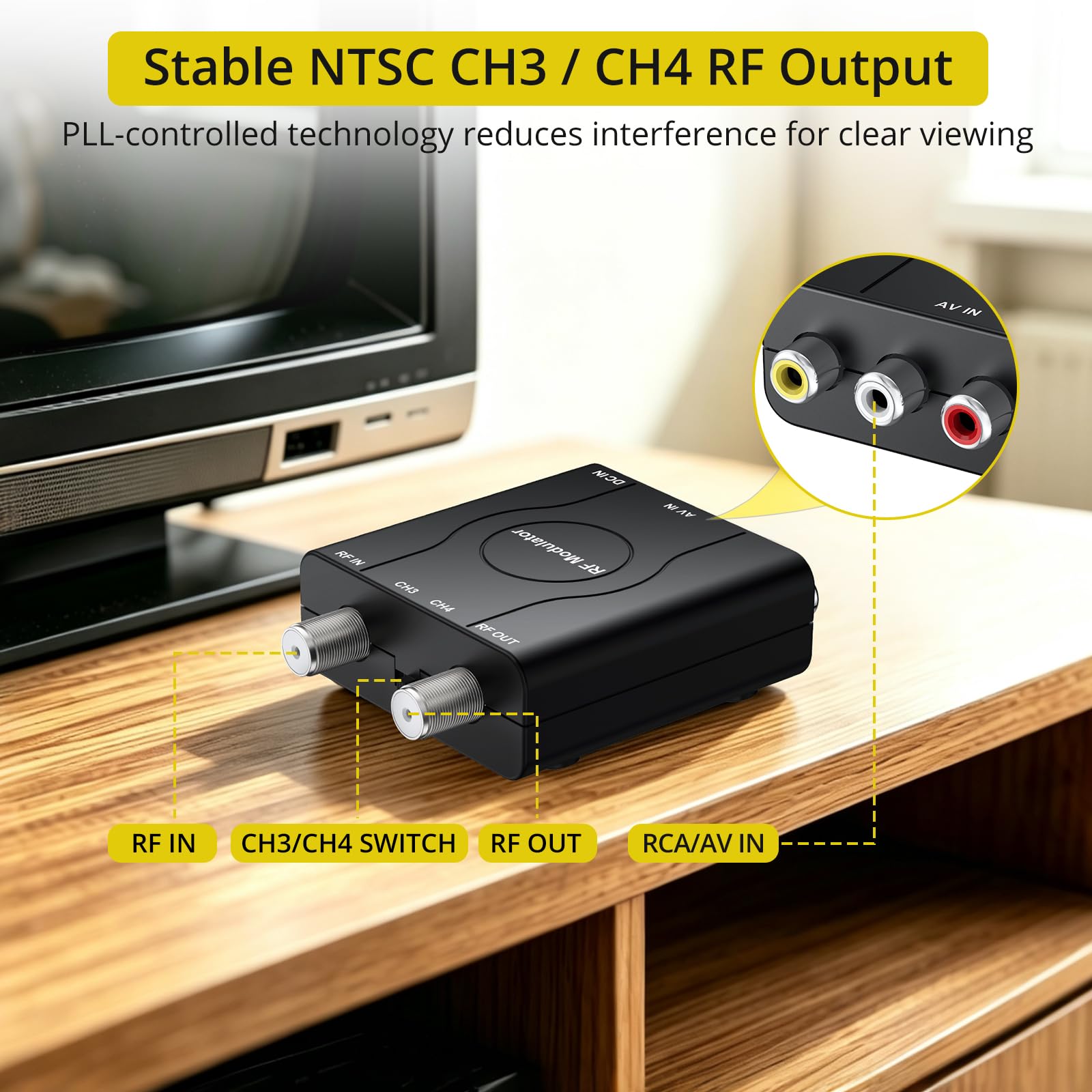 RF Modulator für TV, RCA auf RF Koaxial Adapter mit RG6 Koaxialkabel, AV Composite zu Analog NTSC Konverter für VHS, VCR, DVD Player, Retro Spielkonsolen, K 3/4 Switch