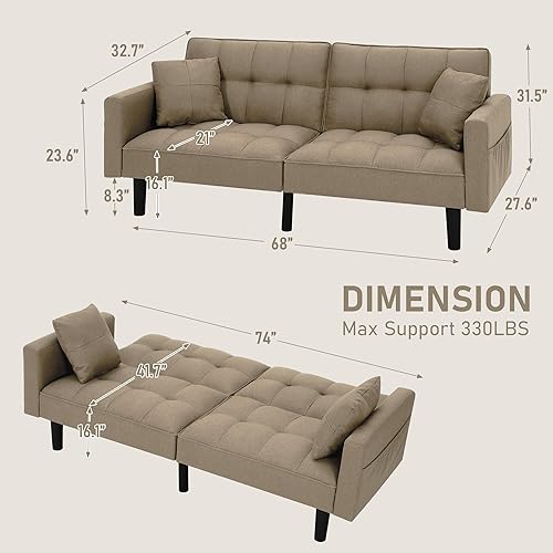 Miniatura 2 de AVAWING Sofá cama futón, moderno sofá tapizado convertible de tela de lino con respaldo ajustable, brazos y patas de nailon de alta resistencia para