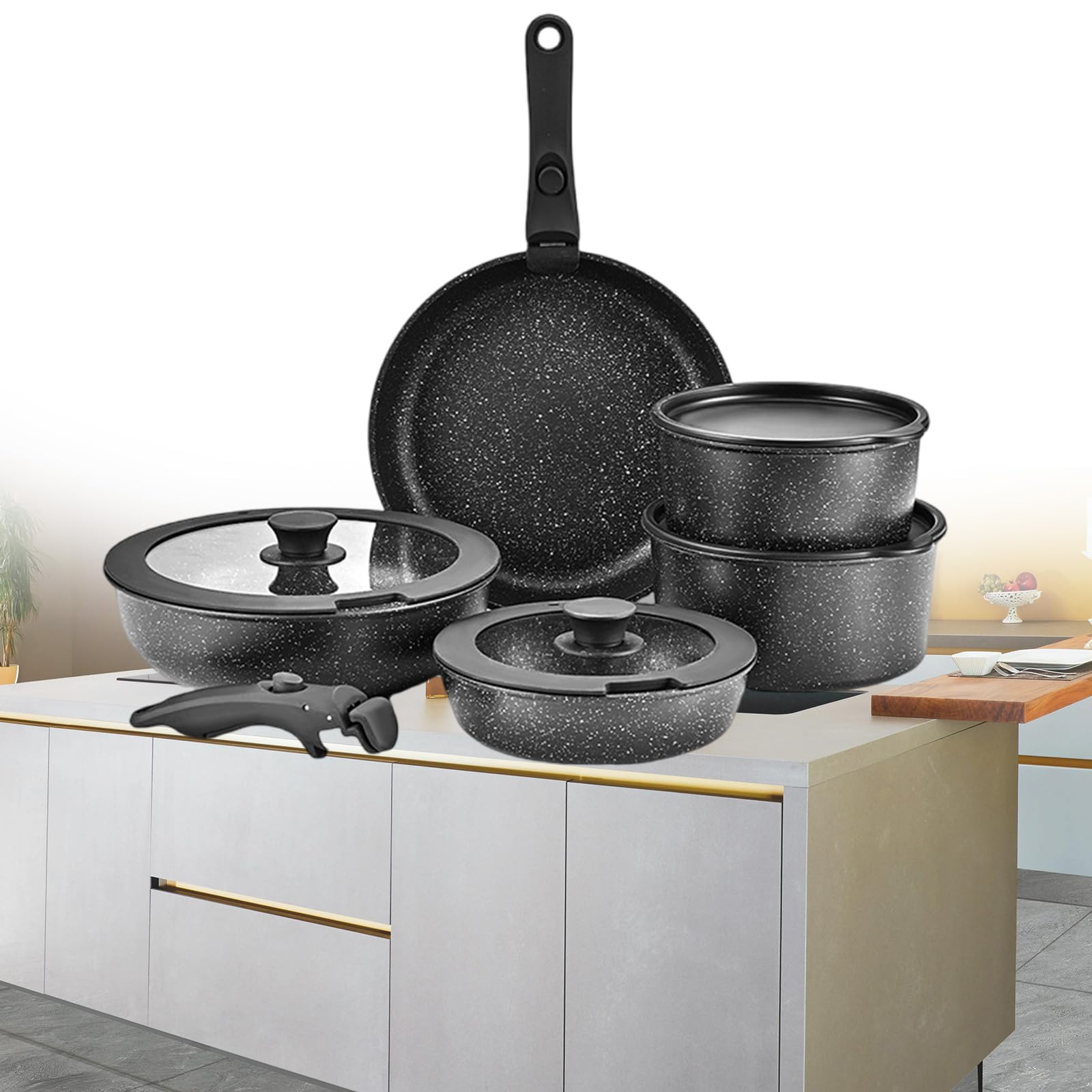 Juego de utensilios de cocina con mango extraíble para el hogar, camping y viajes, juego de cocina para rascar, remolque de viaje