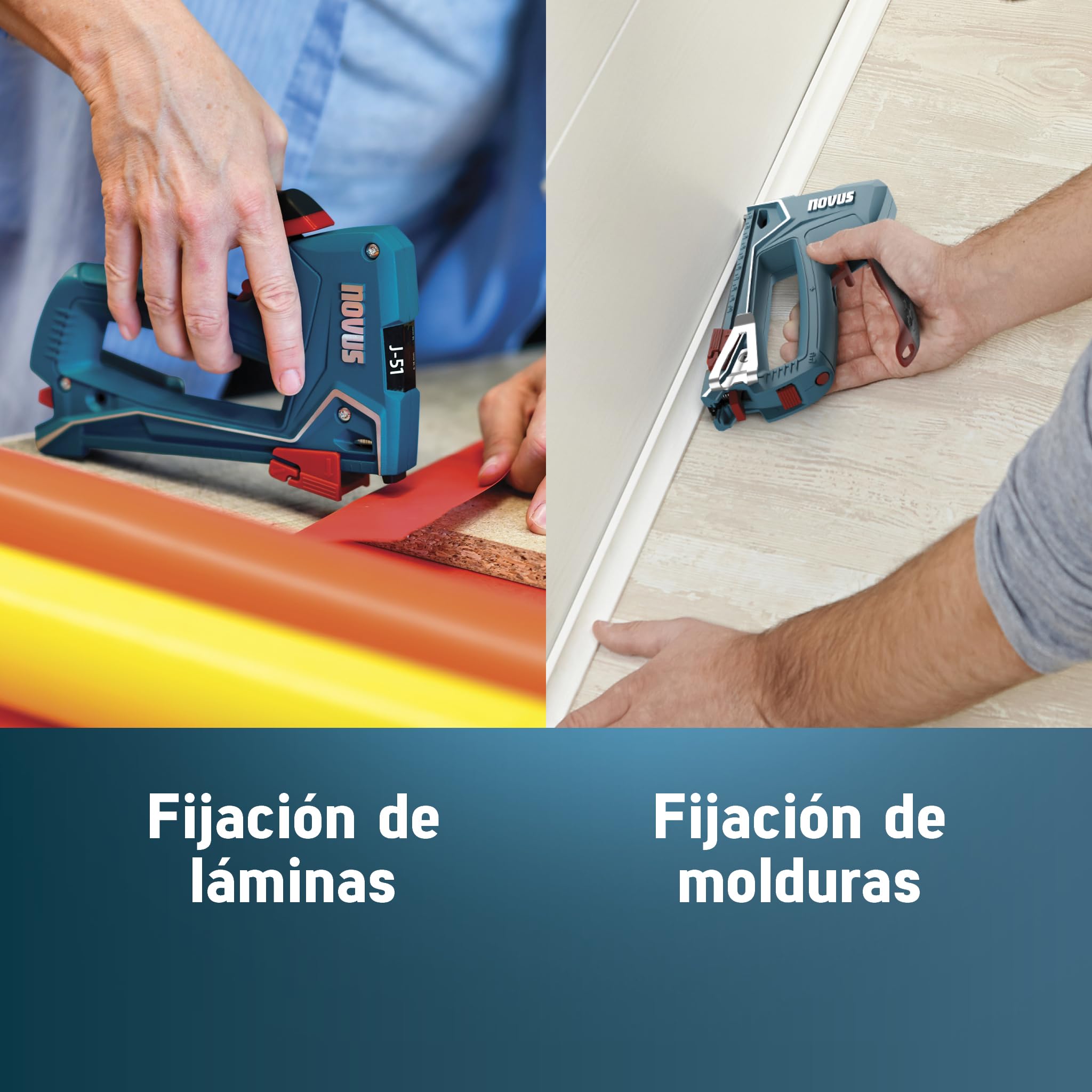 NOVUS TOOLS Grapadora manual J-51 con 1200 grapas, grapadora profesional para madera con carcasa de aluminio, ajuste de fuerza de impacto, tope de distancia para grapas de alambre plano de 6 – 14 mm