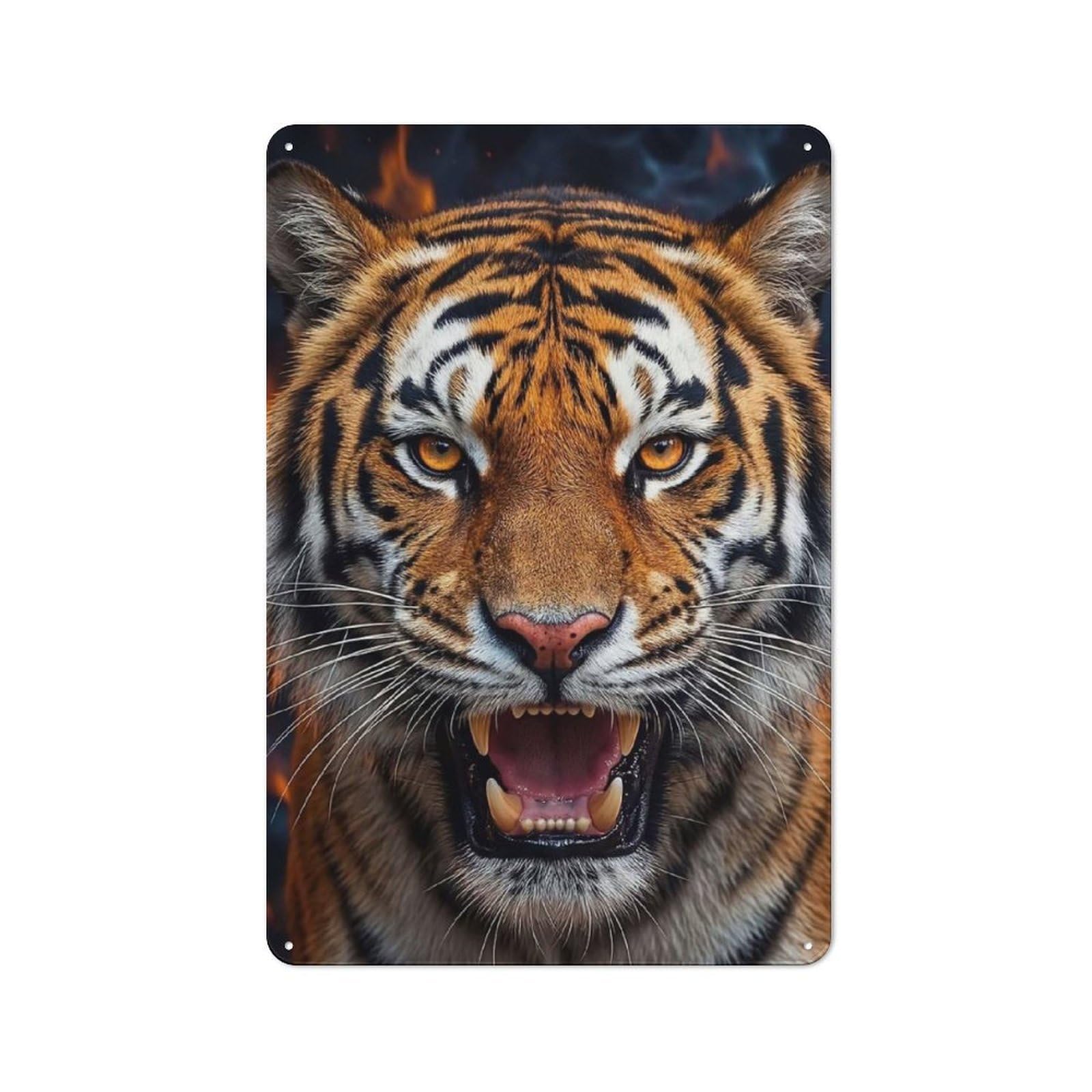 Retro-style Tin Sign 30x20cm Featuring Fierce Tiger Roaring with Flames for Home Bar Wall, for Garage, Workshop And Man Cave Decoration