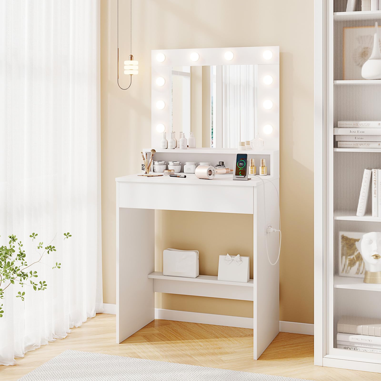 RELAX4LIFE Toeletta da Trucco con Luci LED a 3 Colori, Tavolo da Trucco con Stazione di Ricarica e Cassetto, Postazione Trucco per Camera da Letto, 66 x 40 x 136 cm, Bianco