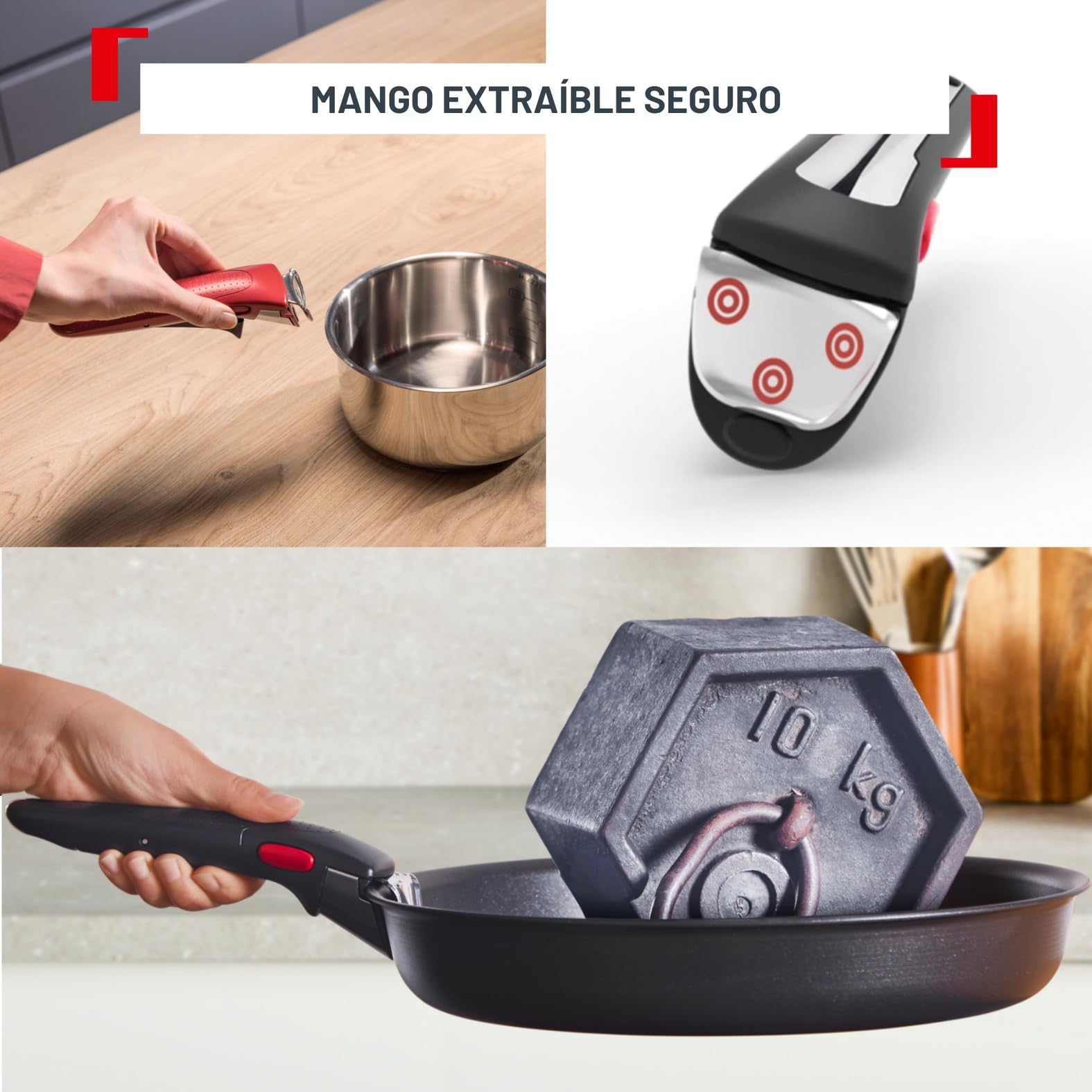 Tefal Ingenio Comfort Max - Juego de Sartenes 22/24/28 cm, Mango extraíble, Sin antiadherente, Acero inoxidable, Apilable, Inducción