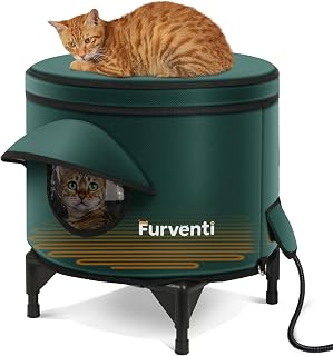 Heated Cat House for Outside,Metal Frame,Barrel Design,Extremely Weatherproof & Insulated in Winter,Elevated Outdoor Cat Shelter with Eaves & Escape Door for Feral Stray Barn Cat(Dark Grey,Large)