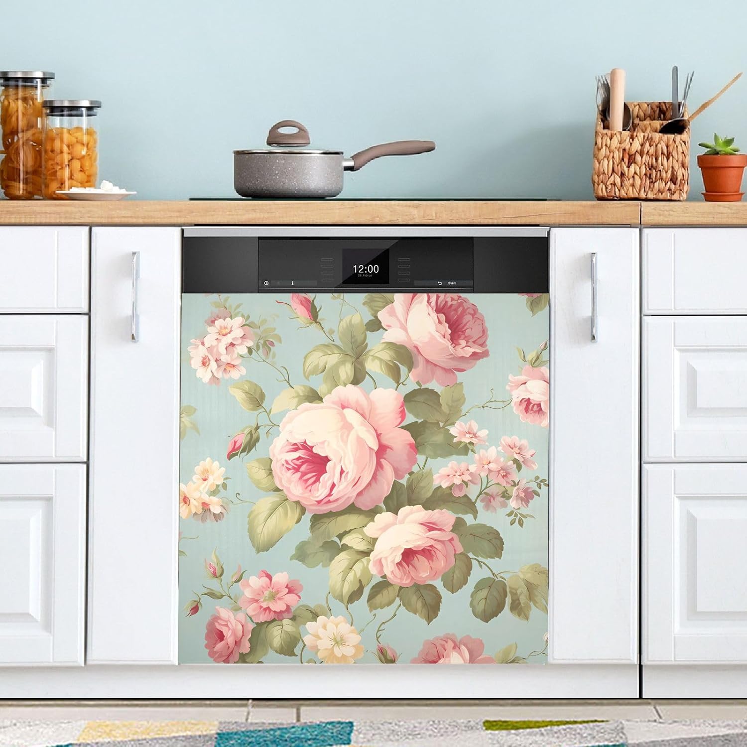 JIPONI Dishwasher Magnetic Cover Retro Red Flower Dish Washer Magnet Kitchen Art Decor, Dishwasher Magnetic Sticker 23 W x 26 H