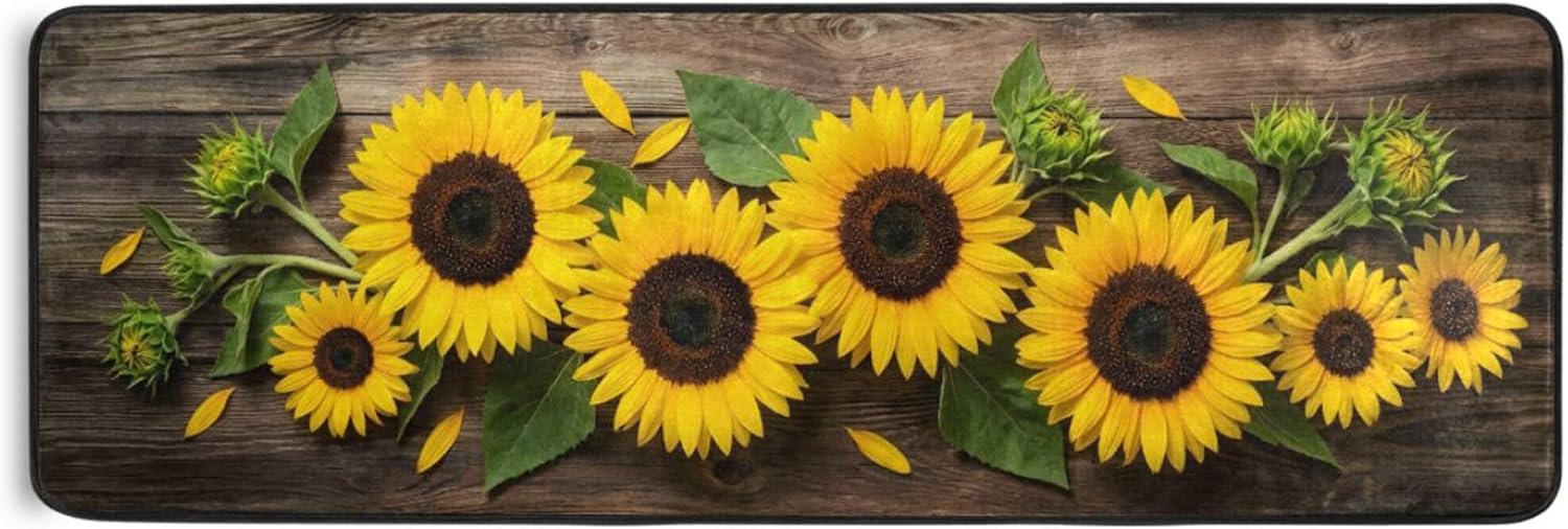 MNSRUU Long Runner Rug for Hallway Sunflowers On Wooden Area Rug Indoor Runner Mat Entry Carpet for Corridor Kitchen Floor 2x6 FT