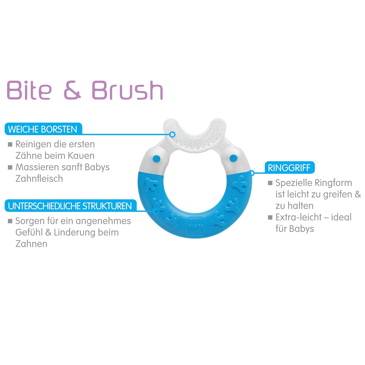 MAM Bite & Brush Teether Baby Teething Aid Soothes Gums, Supports Dental Care with Extra Soft Bristles, from 3+ Months, Turquoise, Pack of 1