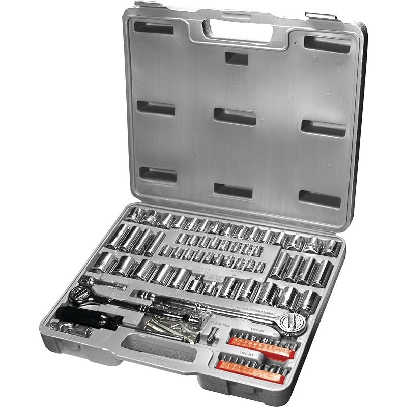 Jogo de Soquetes e Bits Performance Tool W1198 SAE e Métrico com 100 Peças e Encaixes de 6,35 mm, 9,53 mm e 12,7 mm