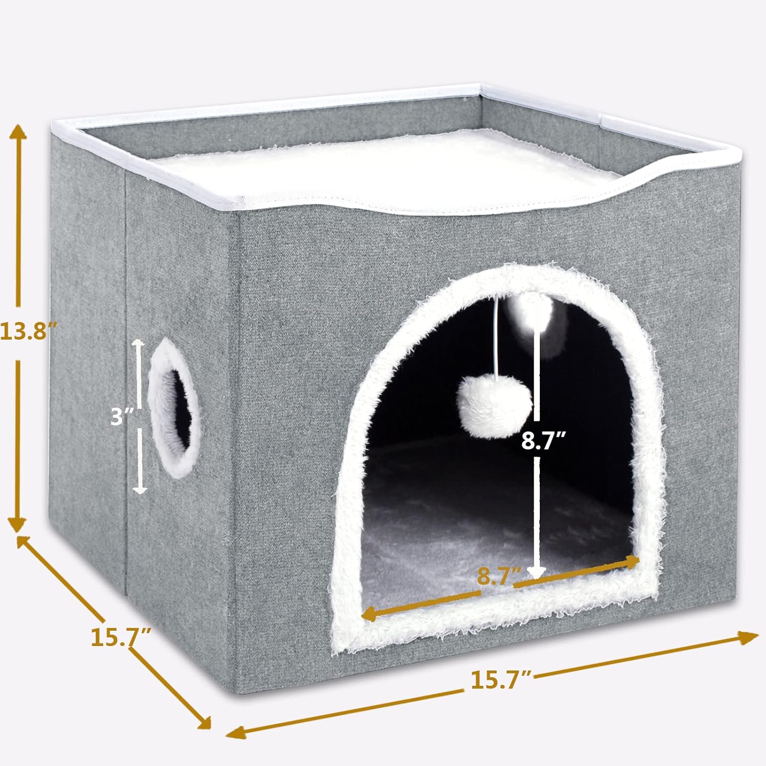 FAREYY Cat Beds for Indoor Cats - Large Cat House Cat Bed Cave Foldable Cat Cube with Cat Scratch Pad and Fluffy Ball Hanging, Cat Hideaway, 15.7 W x15.7 L x 13.8H inches