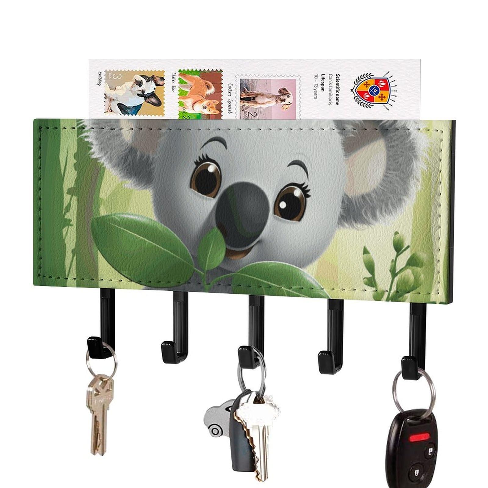 DWVTSLH Koala Key Holder for Wall, Decorative Key Hooks with Mail Organizer & 5 Hooks, Self Adhesive Leather Key Hanger for Entryway, Wall Mounted Key Rack (7.1” X 4.3” X 0.9”)