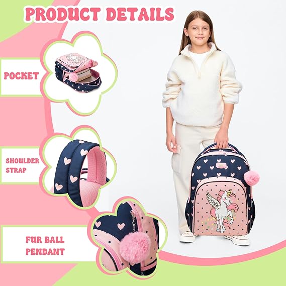 Unicorn Backpacks for Girls School Backpack for Girls Backpack with Lunch Box Pencil Case Kids Backpacks for Travel Bookbag Back to School Supplies