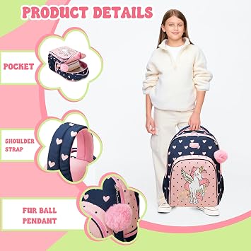Unicorn Backpacks for Girls School Backpack for Girls Backpack with Lunch Box Pencil Case Kids Backpacks for Travel Bookbag Back to School Supplies