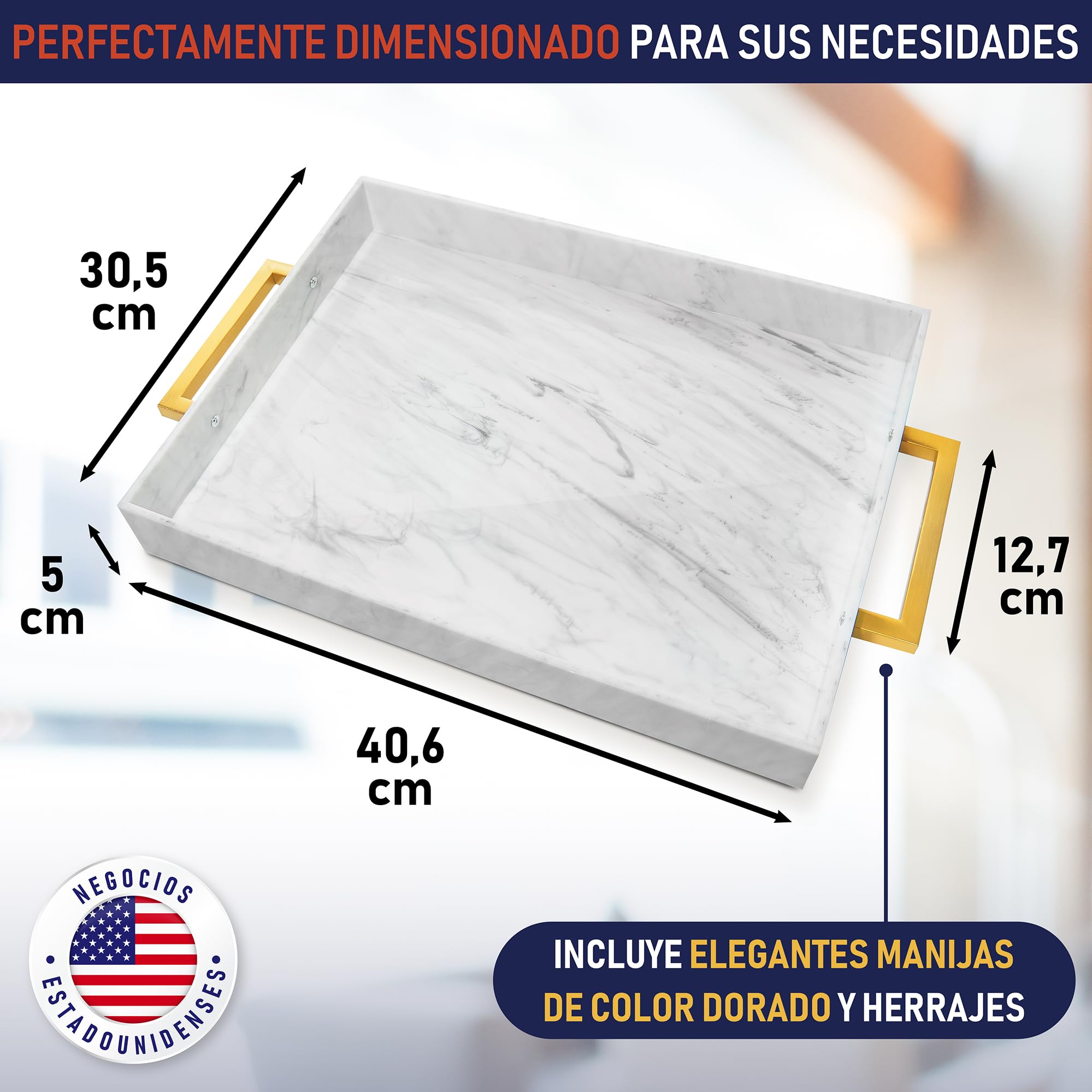 Bandeja para Servir de Acrílico con Asas Doradas, Bandejas Decorativas de 40,6 x 30,5 cm para Mesa de Café, Servidor de Bebidas a Prueba de Derrames, Cocina, Plato de Fiesta (Mármol)