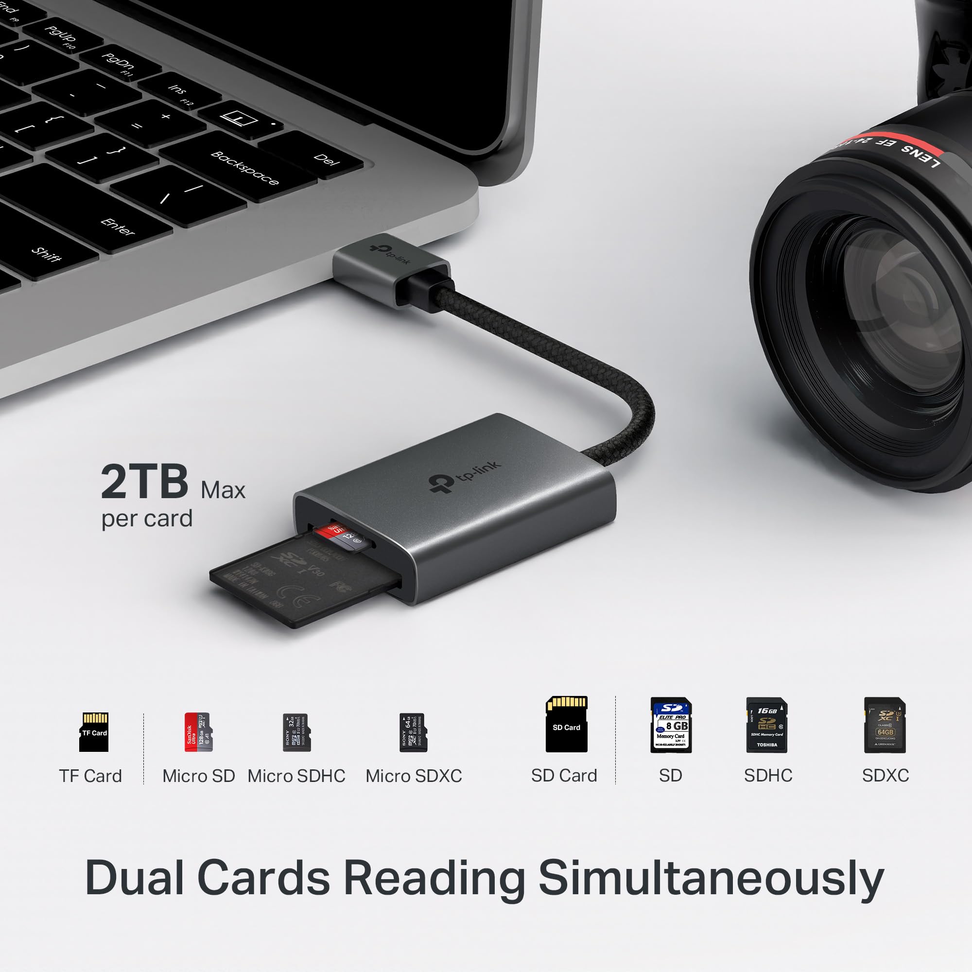 TP-Link Czytnik kart USB 3.0 SD i microSD (UA430) – podwójne gniazdo, 200 MB/s, Plug & Play, stop aluminium, pleciony kabel, kompatybilny z Windows, macOS, iPadOS, ChromeOS, Android