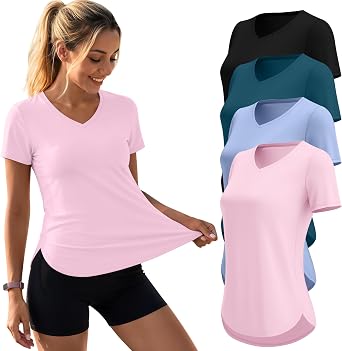 Oakgarden 4 Pack Womens V Neck Workout Tops | UPF 50+ UV Protection Quick Dry Shirts, Side Slits Curved Hem Tees, Summer Activewear T-shirts, Athletic Exercise Clothes