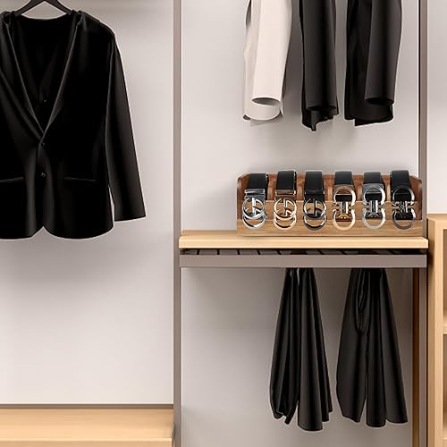 Miniatura 2 de MinBoo Caja organizadora de cinturón de madera de acacia, estante para cinturón de 6 rejillas para armario y cajón, organizador de almacenamiento de