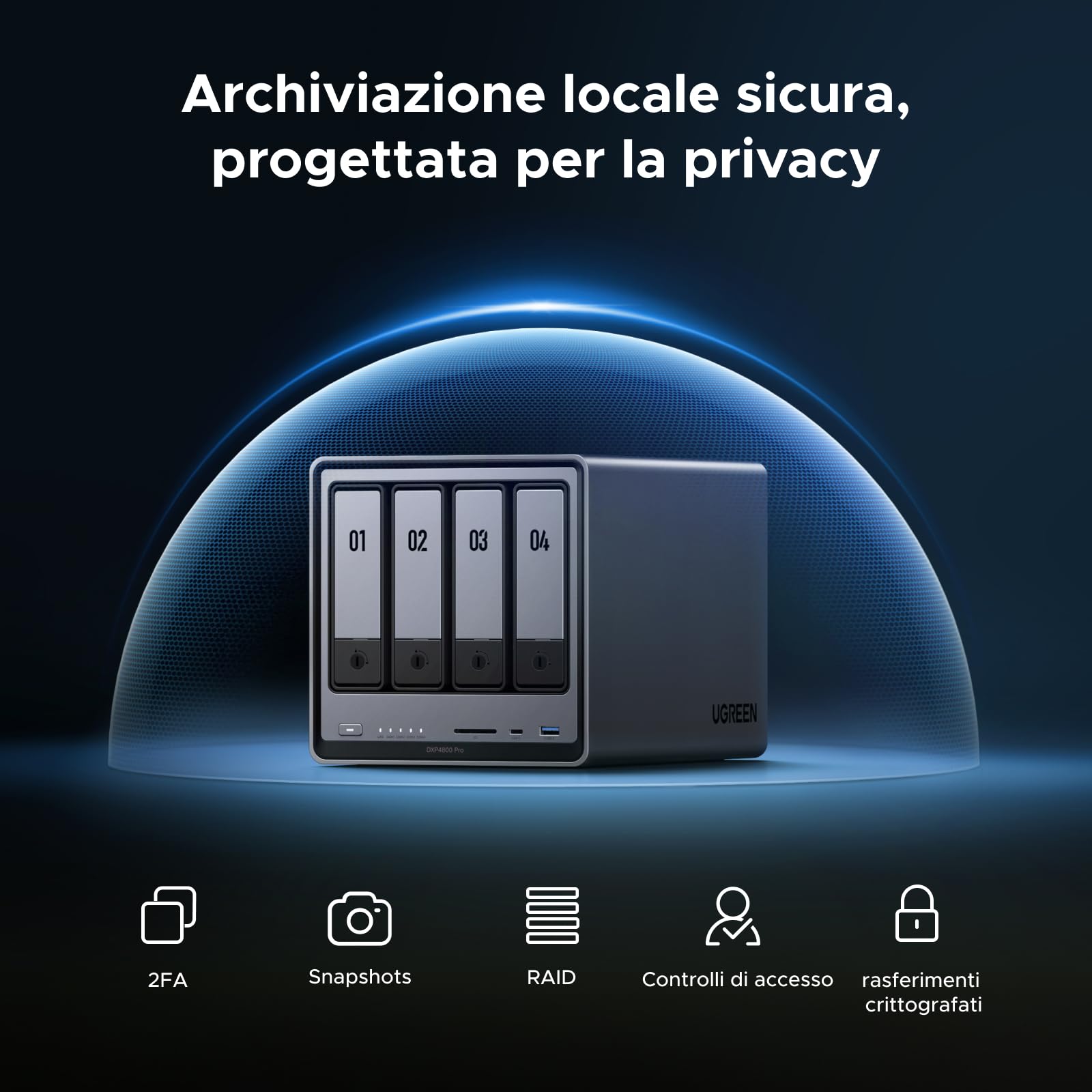 UGREEN NASync DXP4800 Pro NAS Desktop a 4 vani, CPU Intel i3-1315U a 6 core, 8GB RAM DDR5, SSD da 128GB, 10GbE & 2,5GbE porta, 2 slot M.2 NVMe, uscita HDMI 4K (senza dischi inclusi)