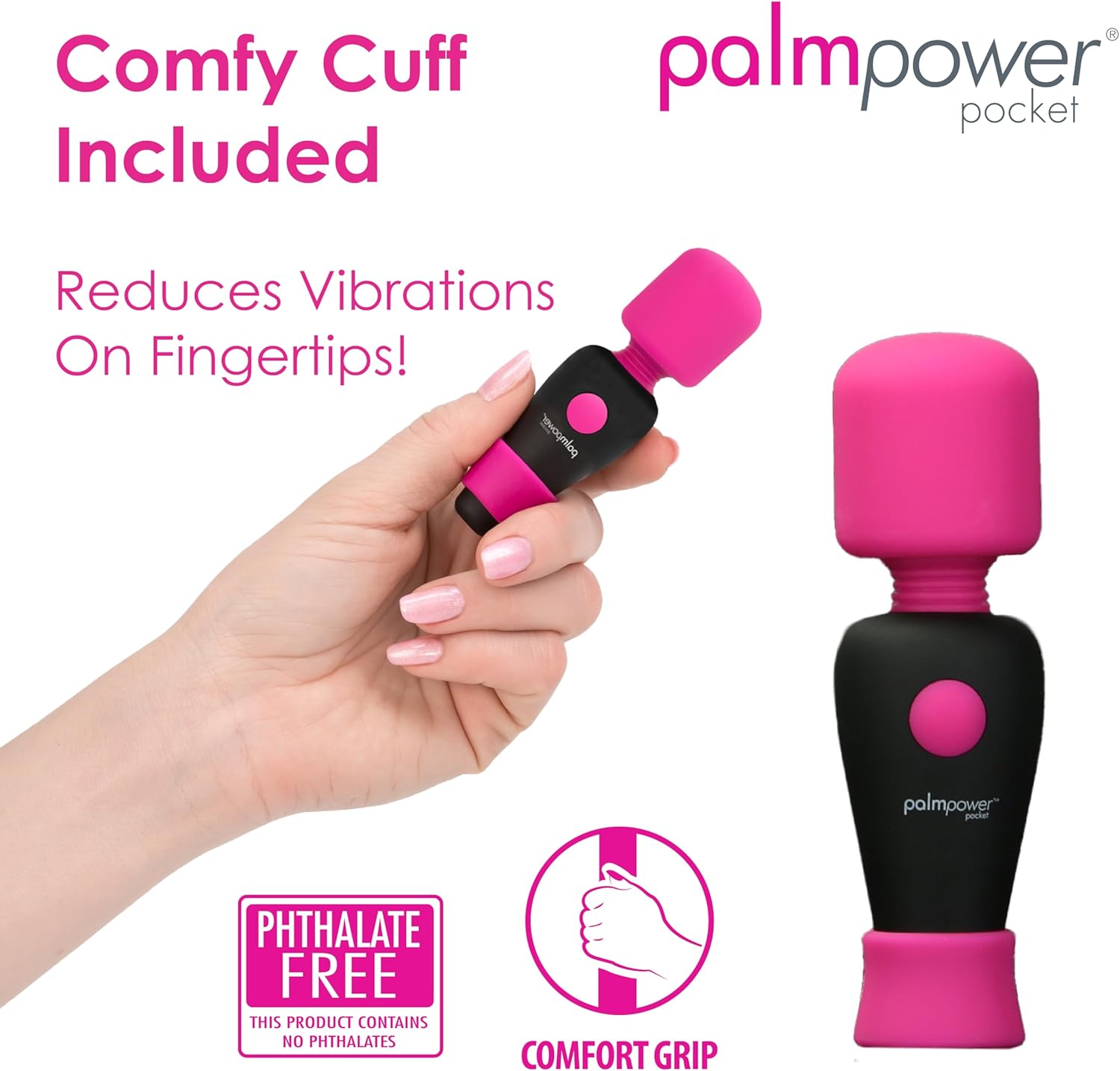 PalmPower Pocket Mini Vibrator, Compact Cordless Massager with Comfy Cuff, Multi-Speed & Patterns, USB Rechargeable, PowerBullet Motor, Travel-Friendly Personal Massager for Women
