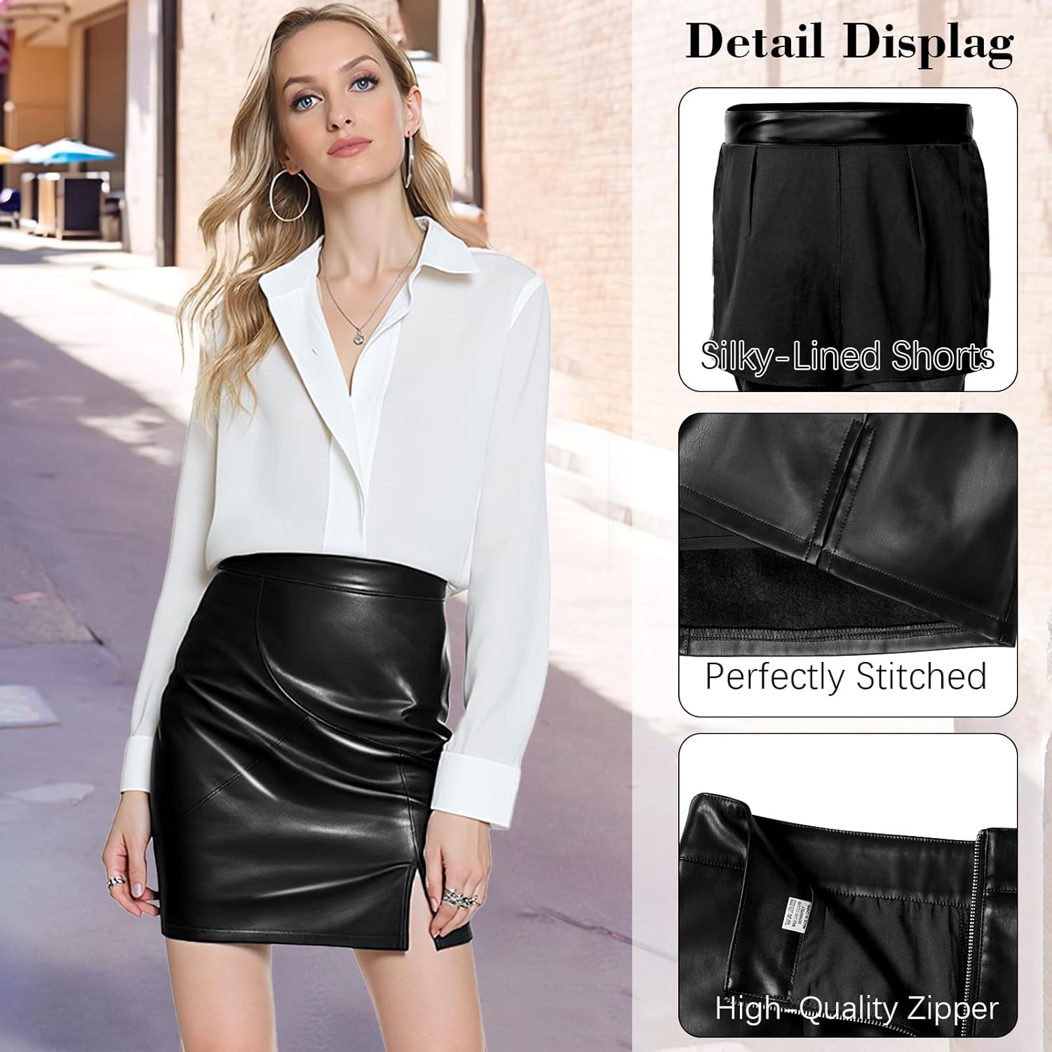 CROWN GUIDE Womens High Waisted Faux Leather Skirt Side Slit & Zipper - Above-Knee Pencil Skirt, Clubwear Dressy Skorts