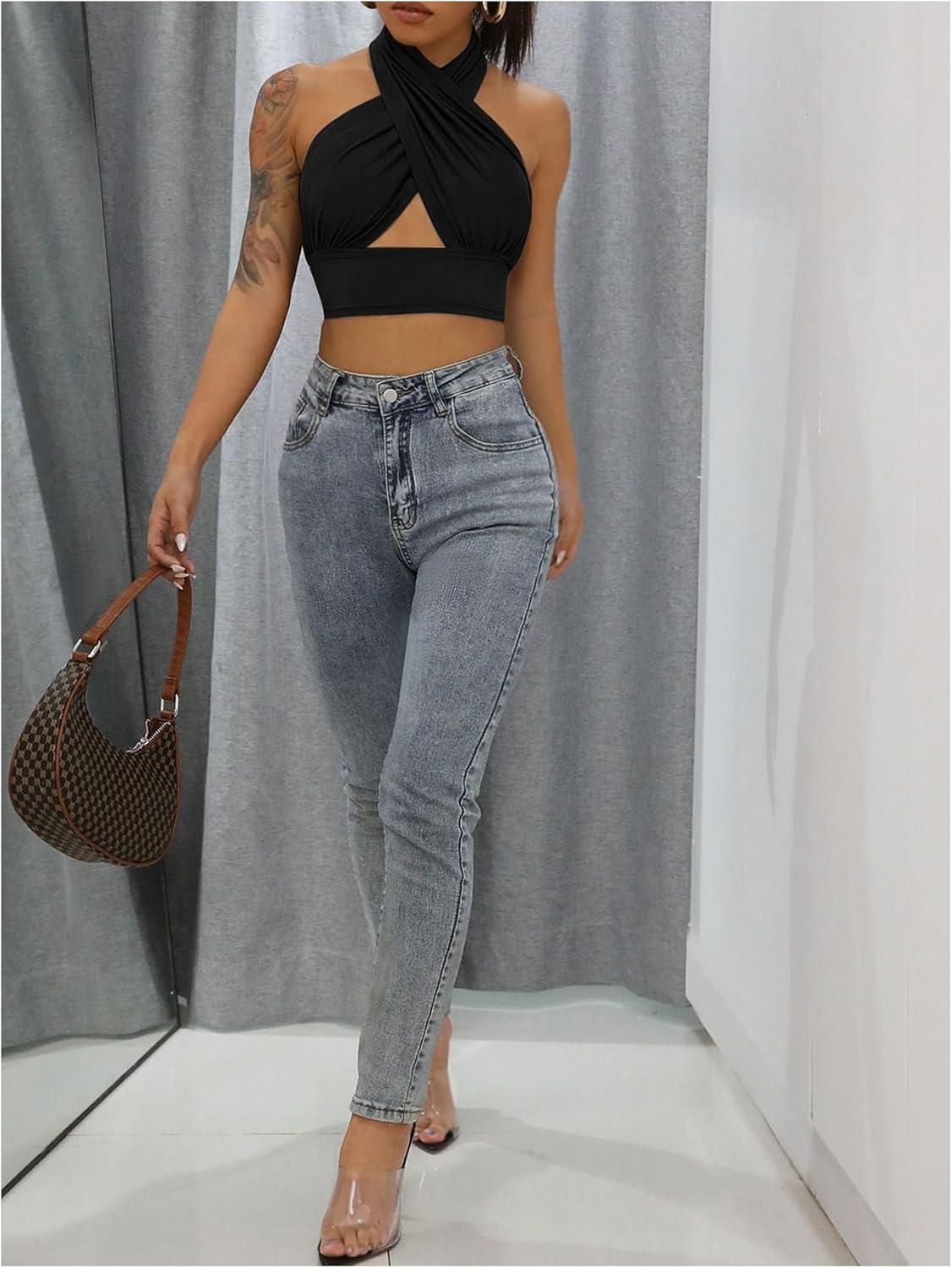 SweatyRocks Women's Criss Cross Ruched Crop Halter Top Cut Out Open Back Fitted Night Out Tops - Image 5