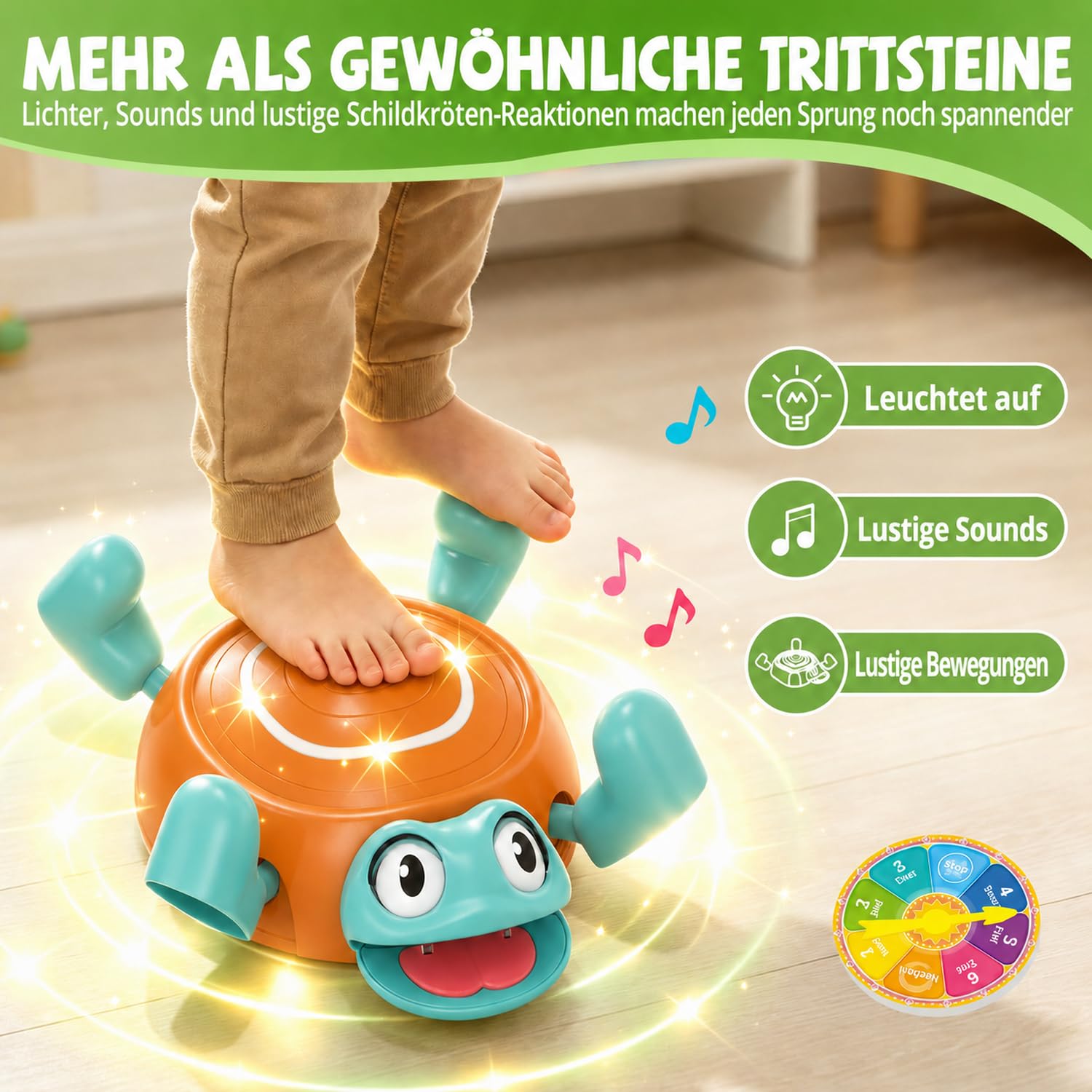 Holyton Balance-Steine Kinder mit Licht & Musik, Turtle Jump Spiel mit Drehrad, Reaktions- & Koordinationsspiel, 1 Schildkröte + 4 Steine, Motorik Training Indoor & Outdoor