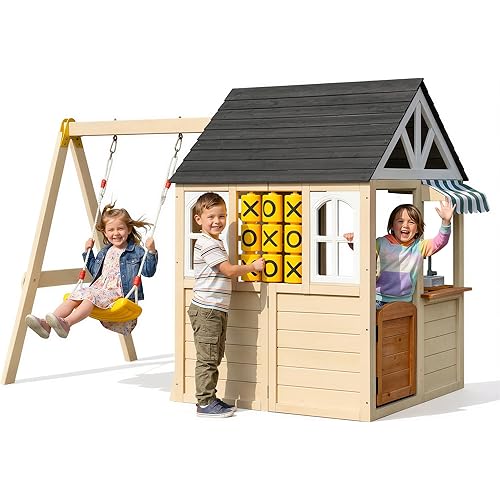 Wooden Playhouse with Swing Set for Kids, Cedar Wood Outdoor Playset with Tic-Tac-Toe Game, Play Kitchen, Pet Door, Space-Saving Garden Activity Center for Kids Age 3-8