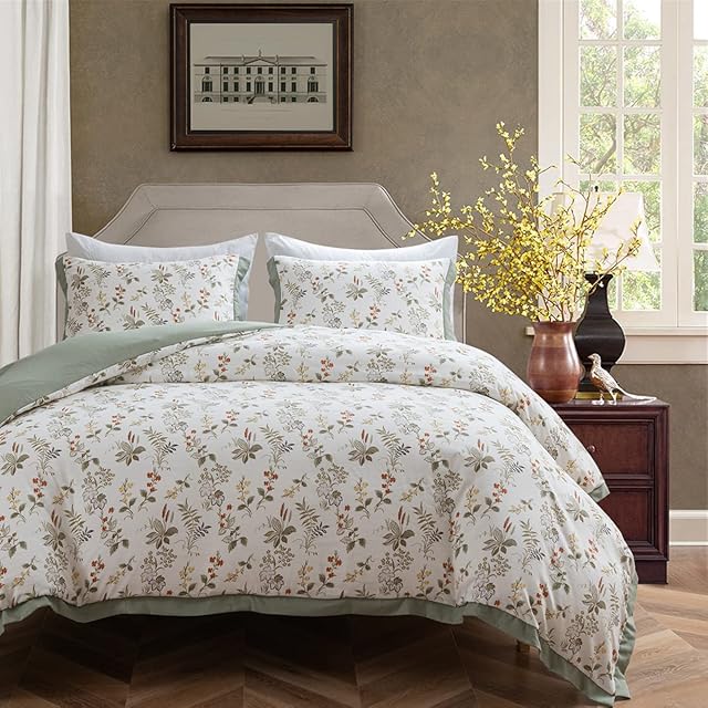 OSVINO Botanical Duvet Cover Set King 3 Pieces 100% Microfiber Breathable Stylish Green Small Floral Pattern Ultra Soft Bedding Set Quilt Cover with Pillowcase